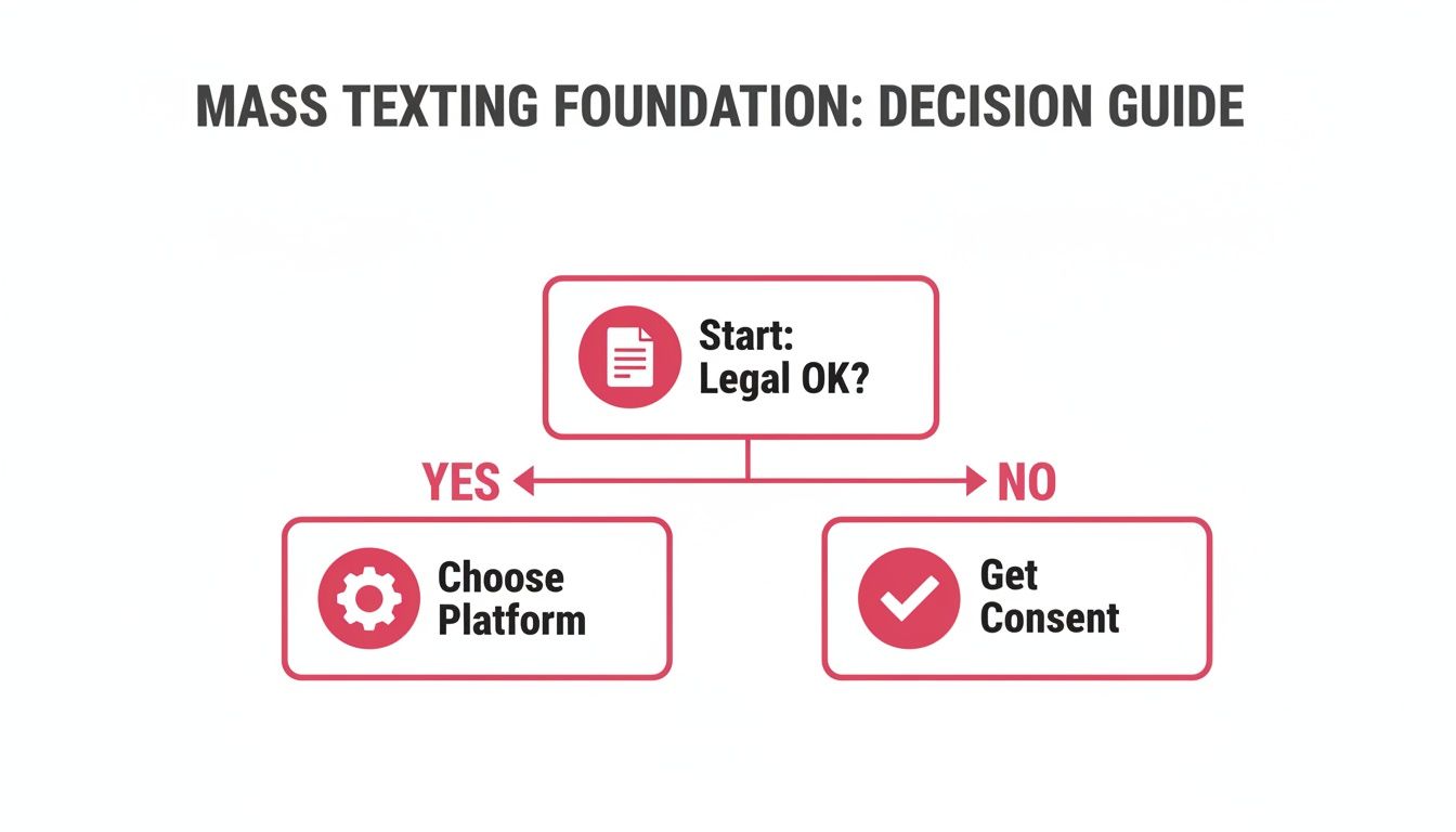 Flowchart for mass texting legal decisions, starting with 'Legal OK?' and leading to 'Choose Platform' or 'Get Consent'.