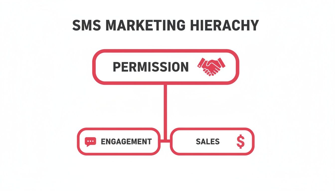 A diagram illustrating the SMS Marketing Hierarchy, showing Permission leading to Engagement and Sales.