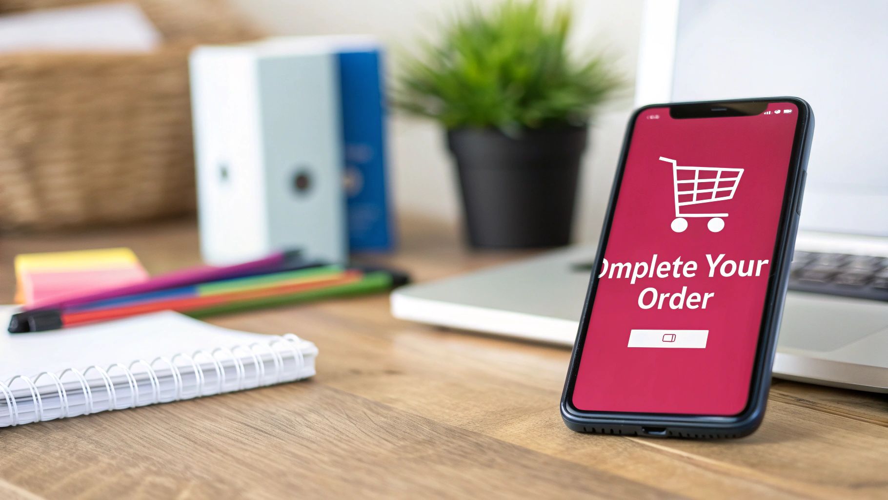 A smartphone screen displays a shopping cart icon and 'Complete Your Order' on a wooden desk.