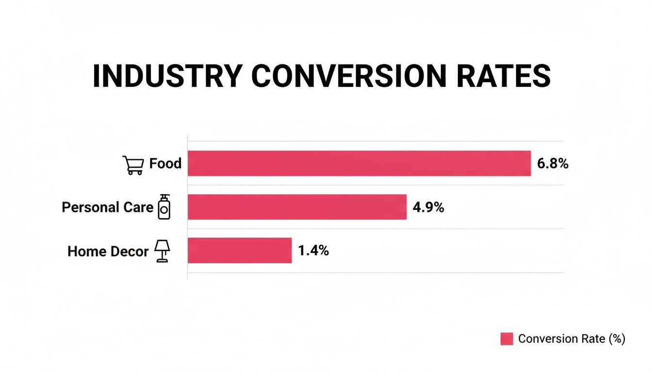 Bar chart showing e-commerce conversion rates for Food (6.8%), Personal Care (4.9%), and Home Decor (1.4%).
