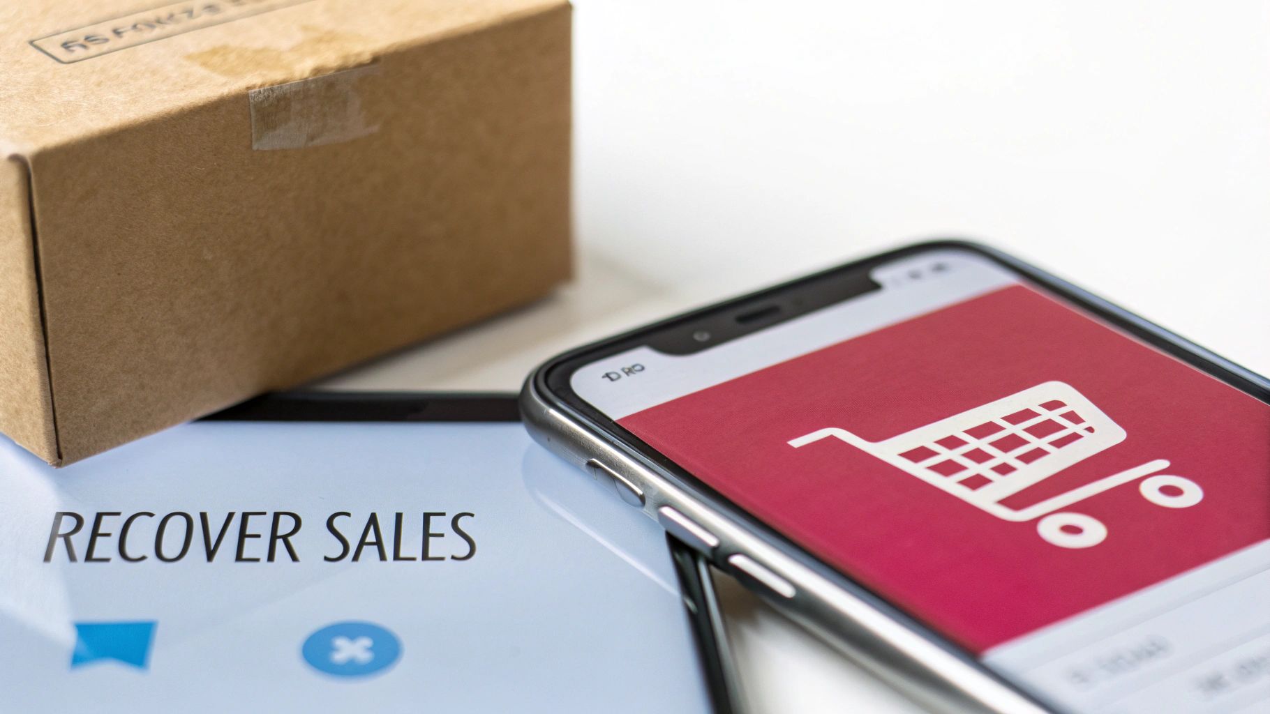 E-commerce strategy: smartphone with shopping cart icon, package, and screen displaying 'RECOVER SALES'.