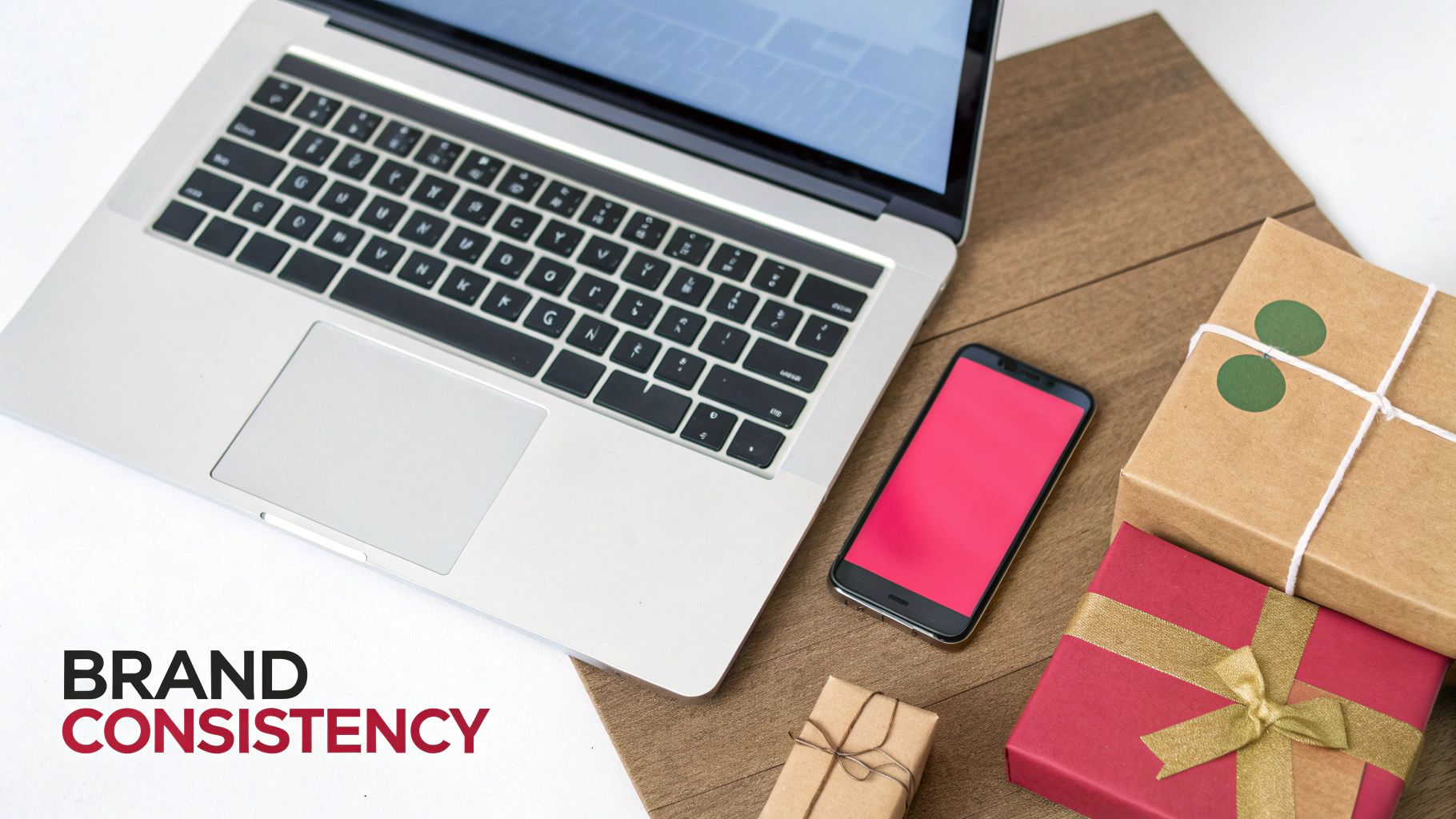 Overhead shot of a laptop, smartphone with pink screen, and wrapped gifts on a wooden background, promoting brand consistency.
