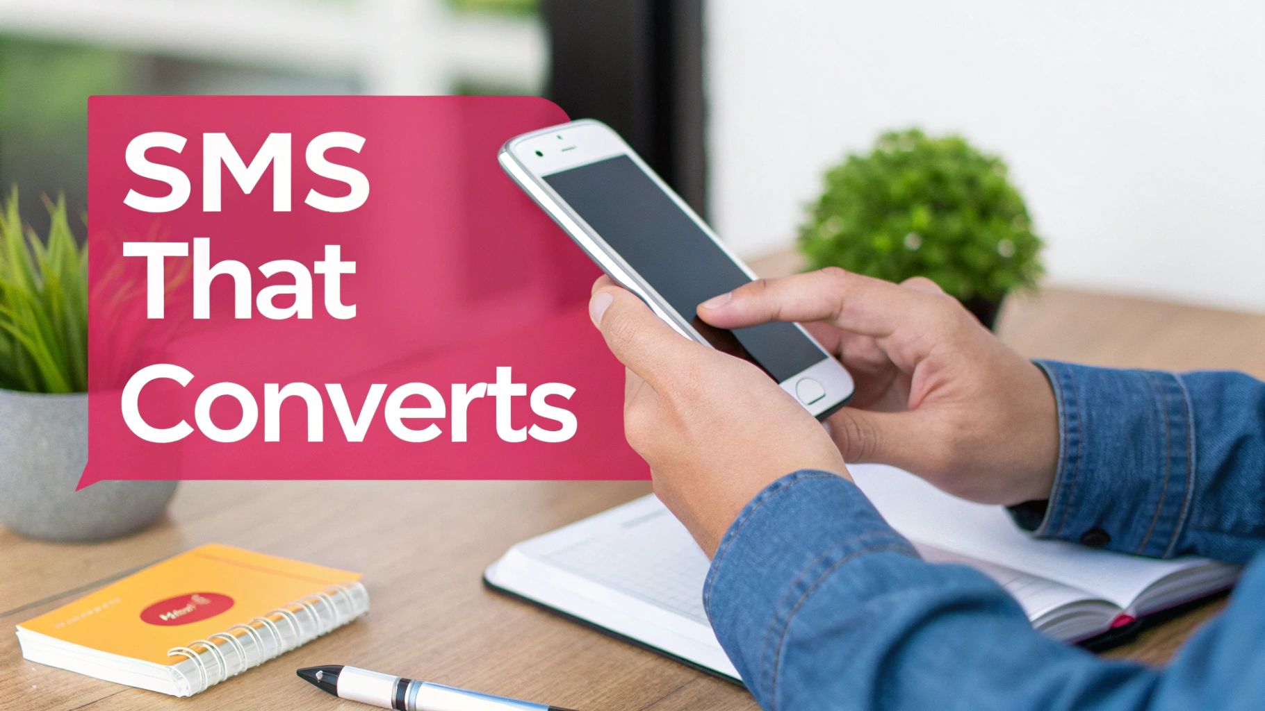 Hands using a smartphone with a prominent speech bubble displaying 'SMS That Converts' text.