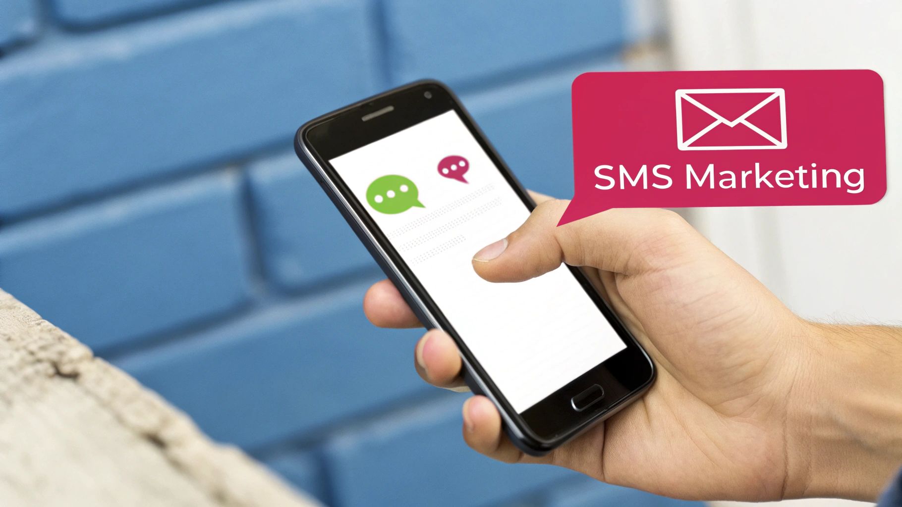 A person sending a mass text from their phone, with multiple message bubbles appearing around them