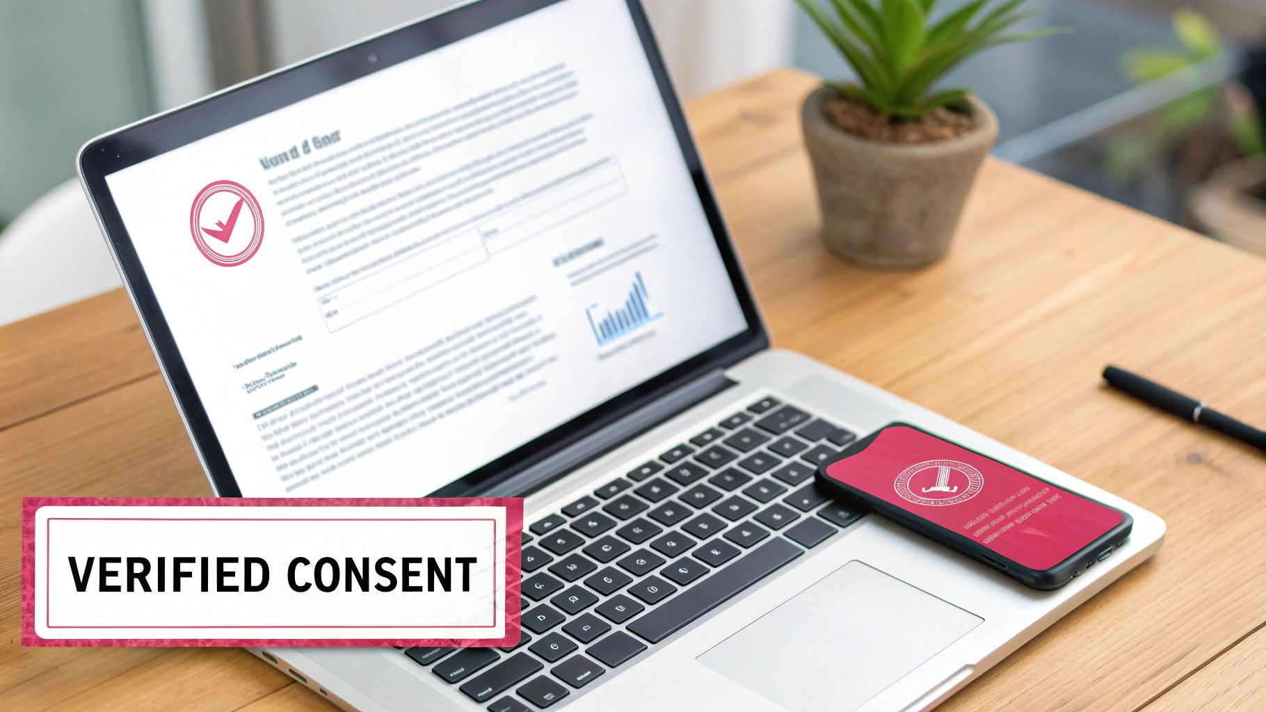 Laptop and smartphone displaying verified consent confirmation with checkmark icon and legal document interface