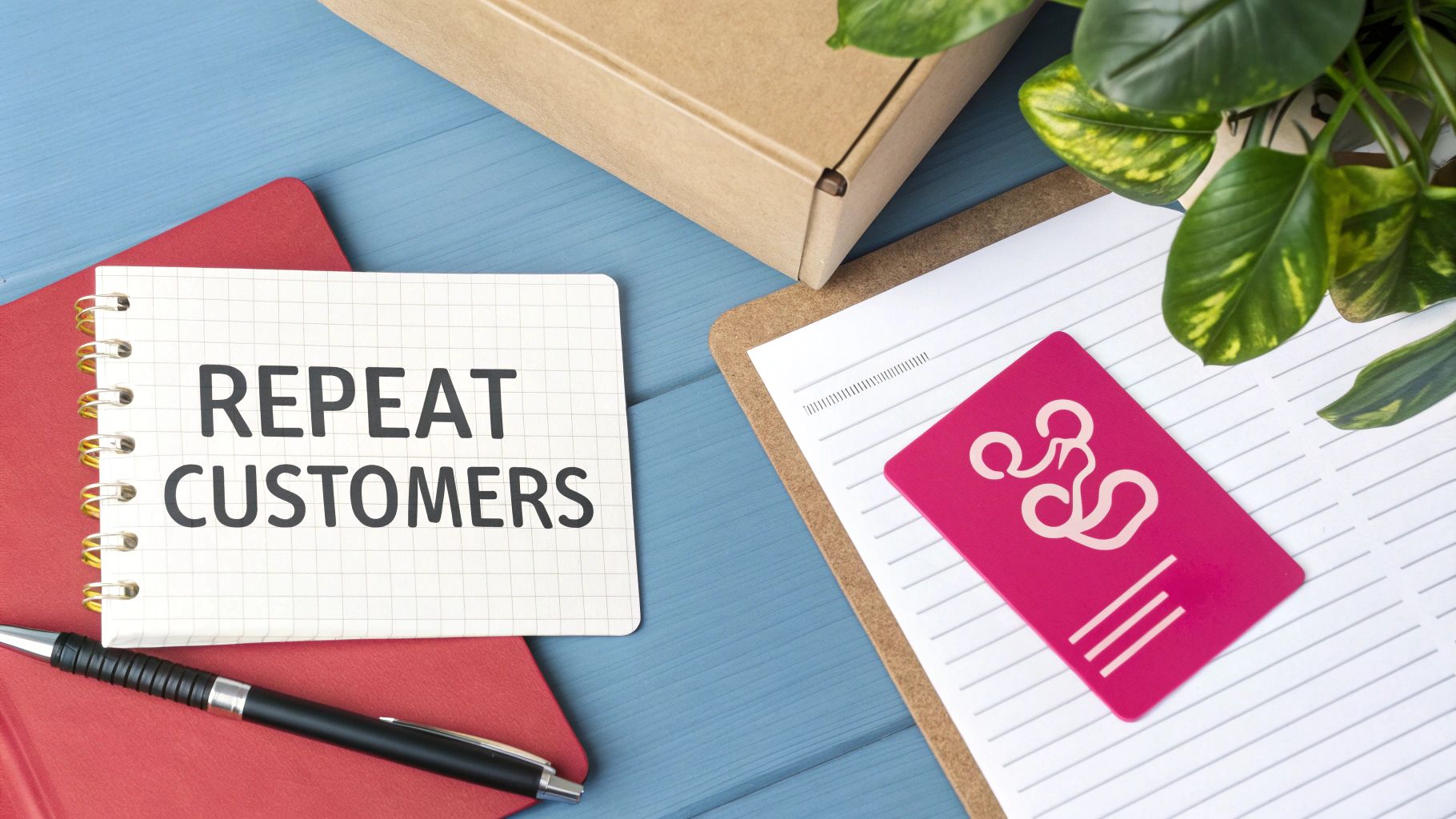 Repeat customers notebook with business card and office supplies on blue desk workspace