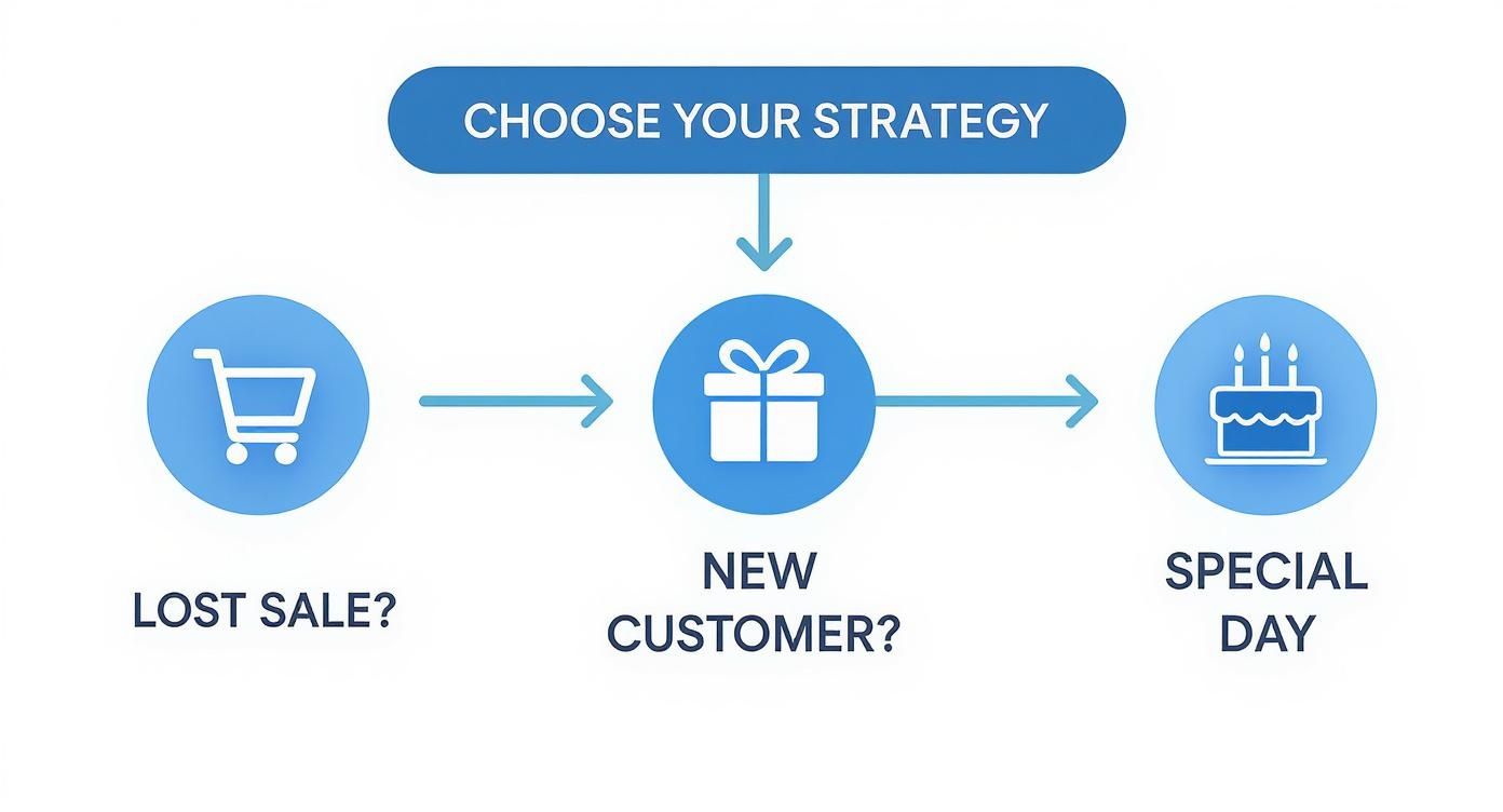 Flowchart illustrating customer engagement strategies for lost sales, new customers, and special occasions.