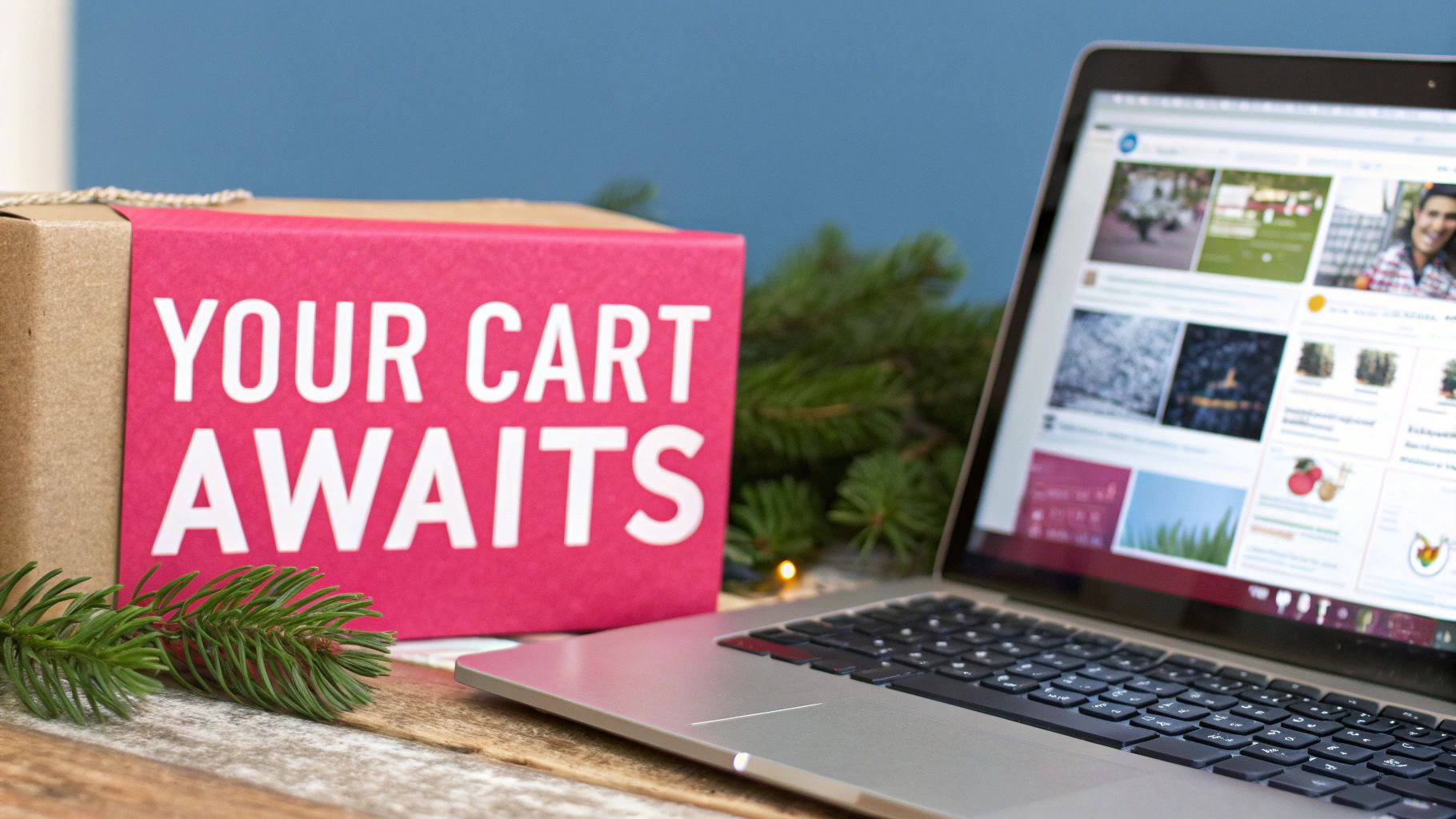 A box with 'YOUR CART AWAITS' text, a laptop, and pine branches, symbolizing holiday online shopping.