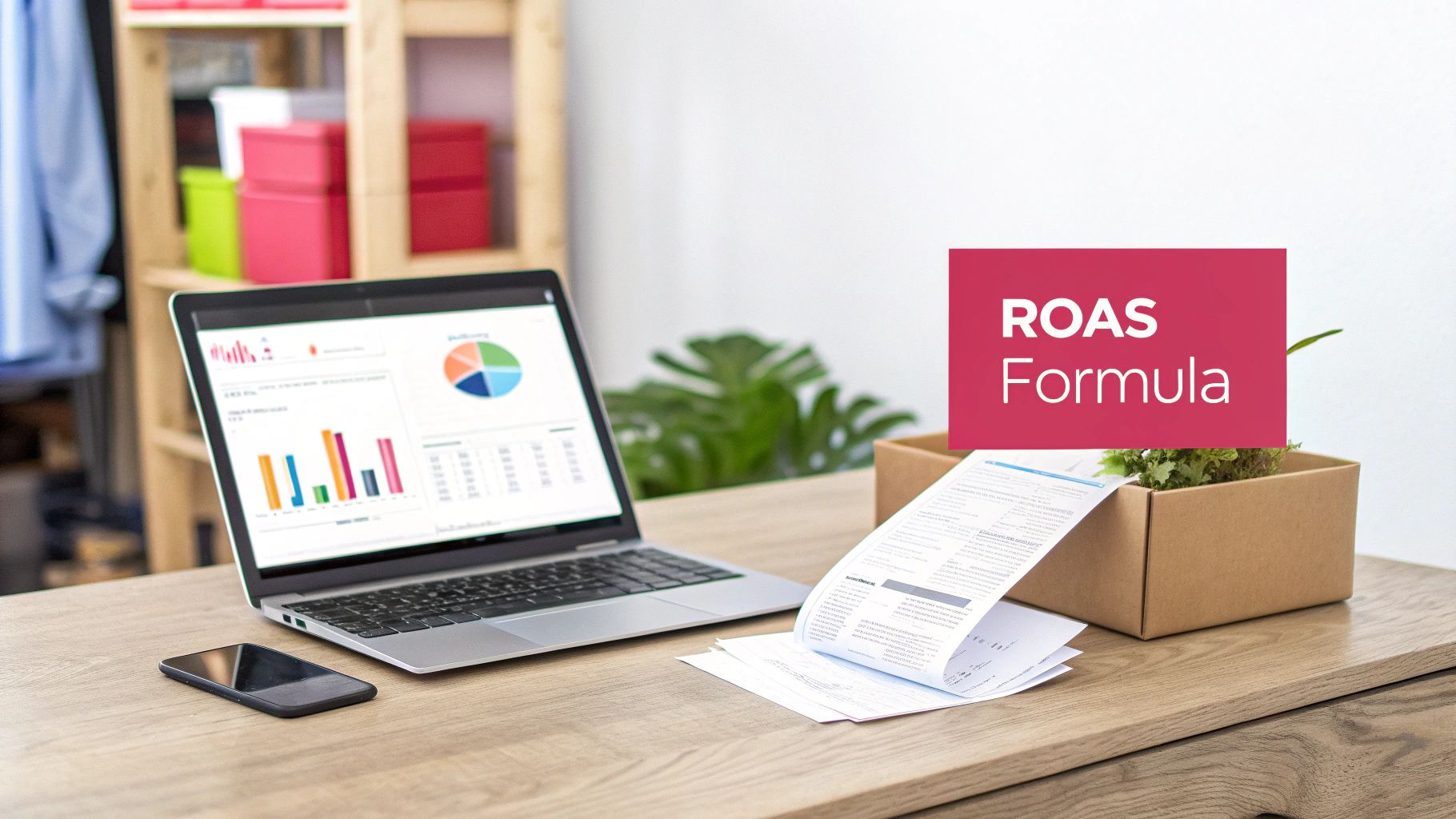 Desk setup with a laptop displaying financial charts, a smartphone, documents, and a 'ROAS Formula' sign.