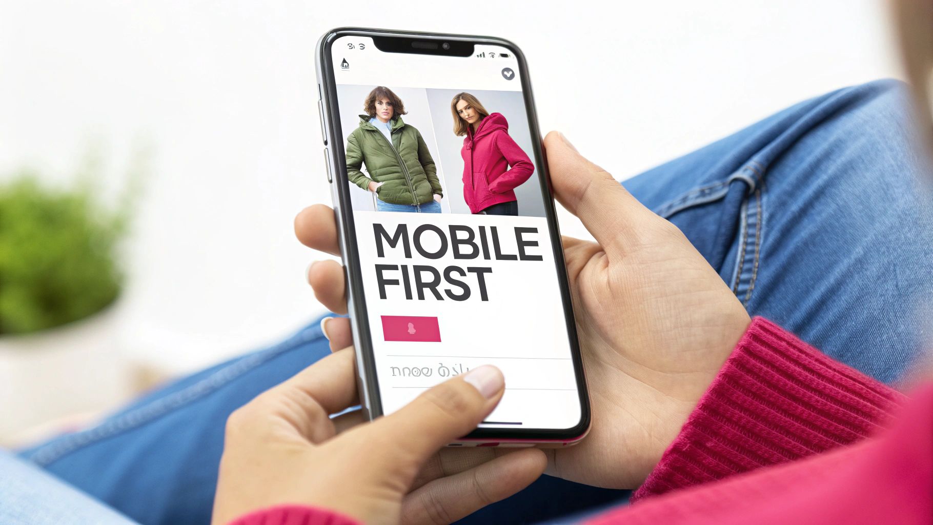 A person holds a smartphone displaying a 'MOBILE FIRST' website with women in jackets, highlighting e-commerce.