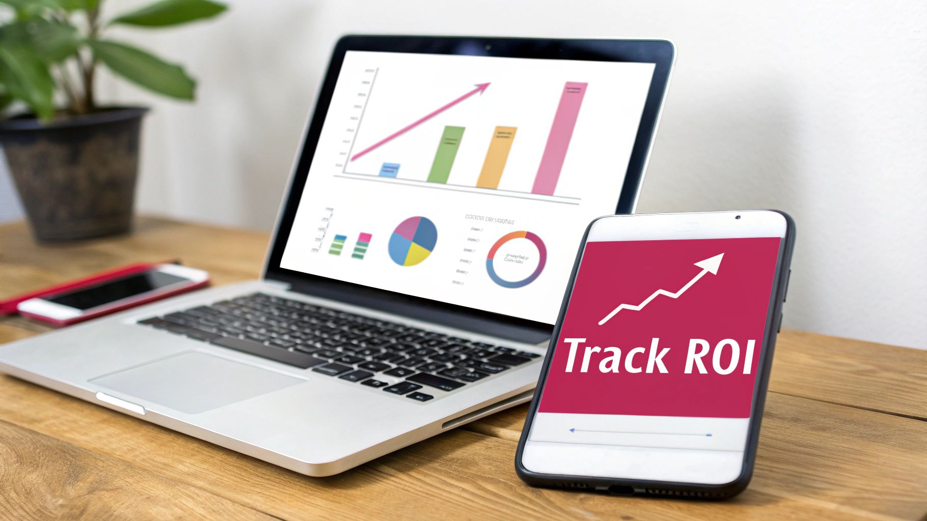 A laptop displays data analysis charts next to a smartphone showing 'Track ROI' and an upward trend.