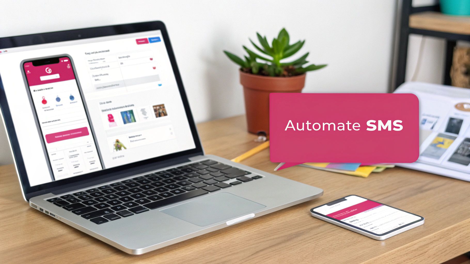 A laptop and smartphone on a wooden desk, displaying a mobile app and an 'Automate SMS' speech bubble.