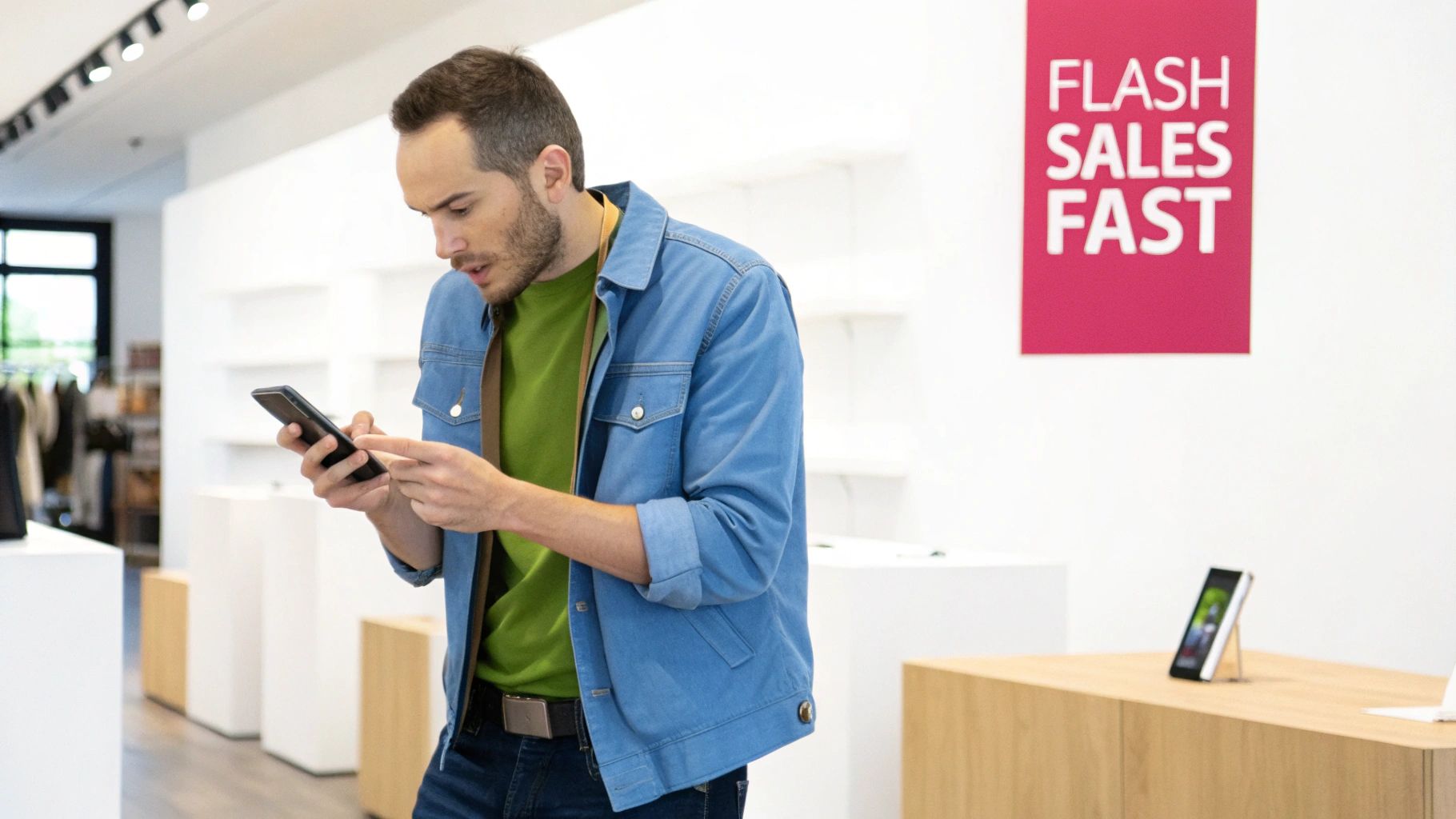 Man in blue jacket using smartphone to check flash sale promotions in modern retail store