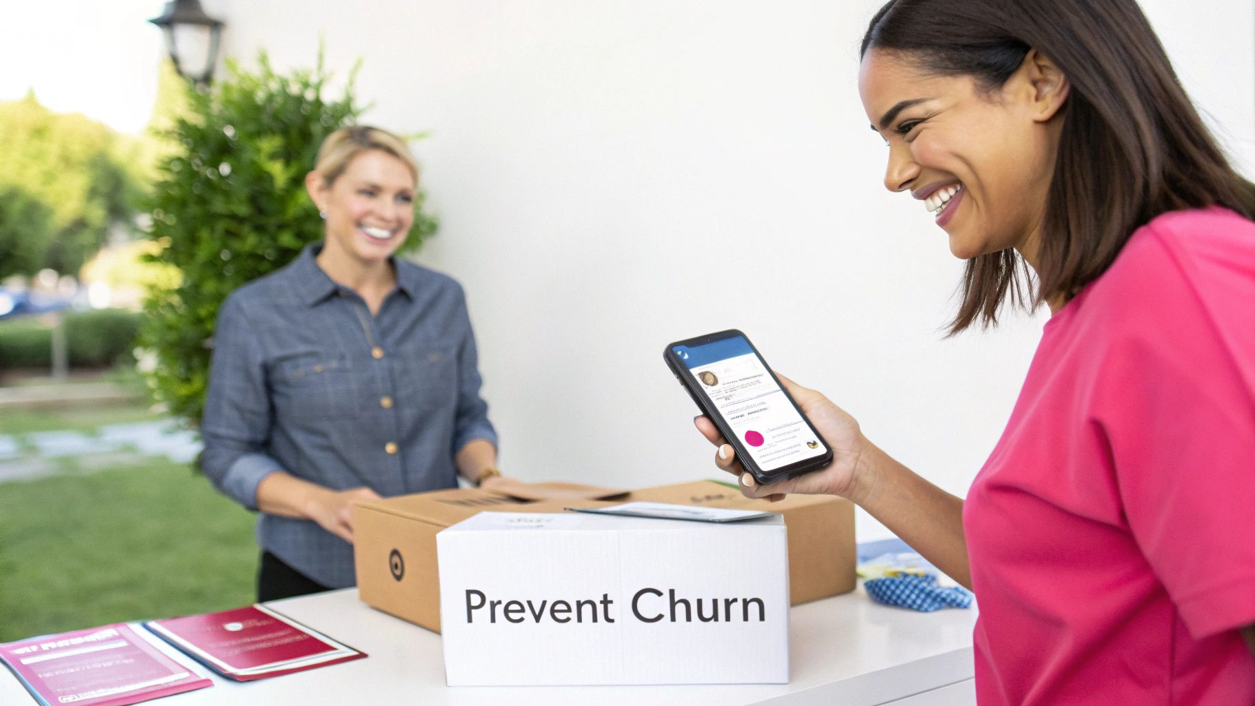 Two smiling women at a table with boxes. One uses a smartphone, the other handles a box labeled 'Prevent Churn'.