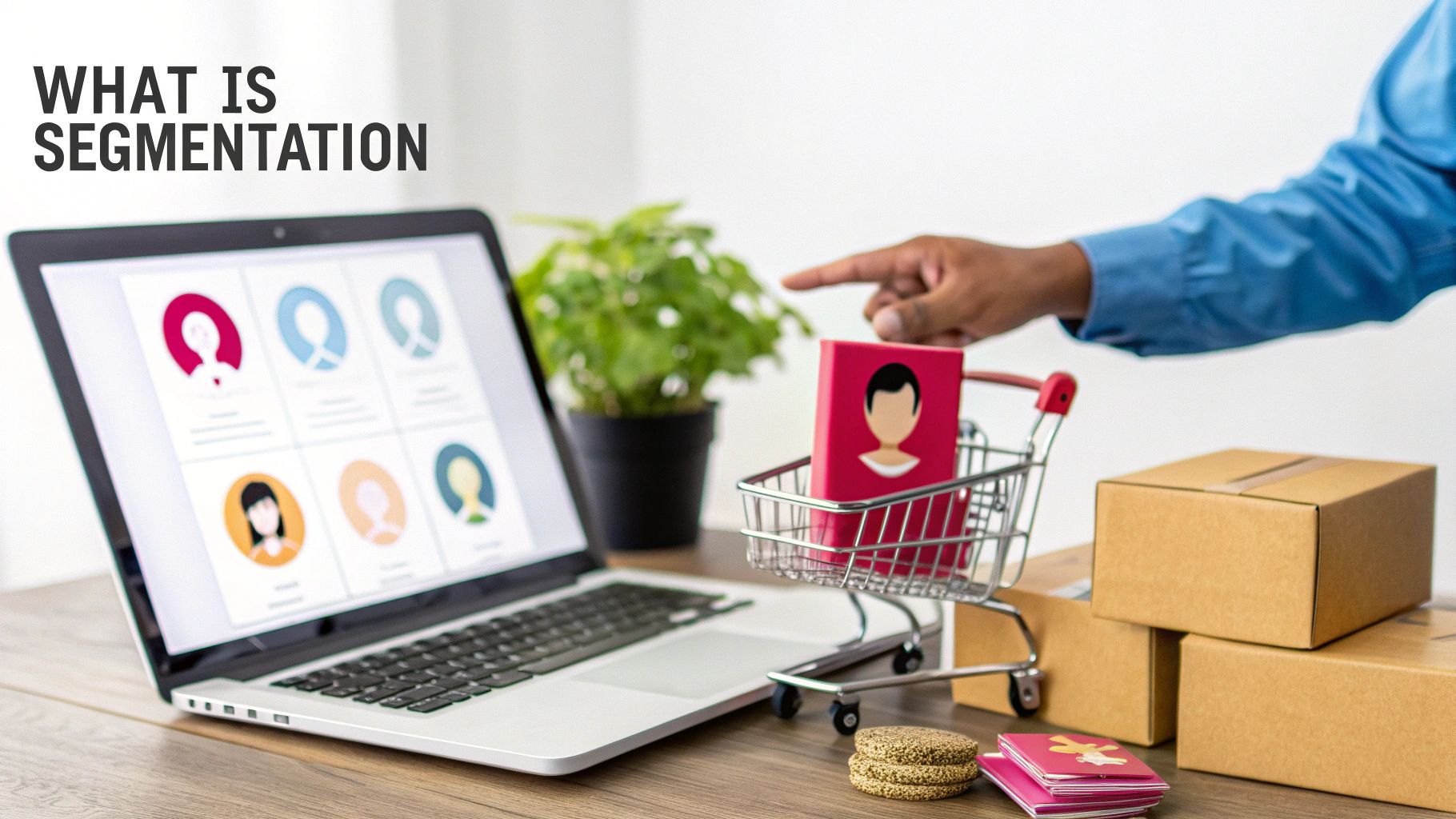 Laptop displaying customer segments with a hand pointing to a profile in a shopping cart.
