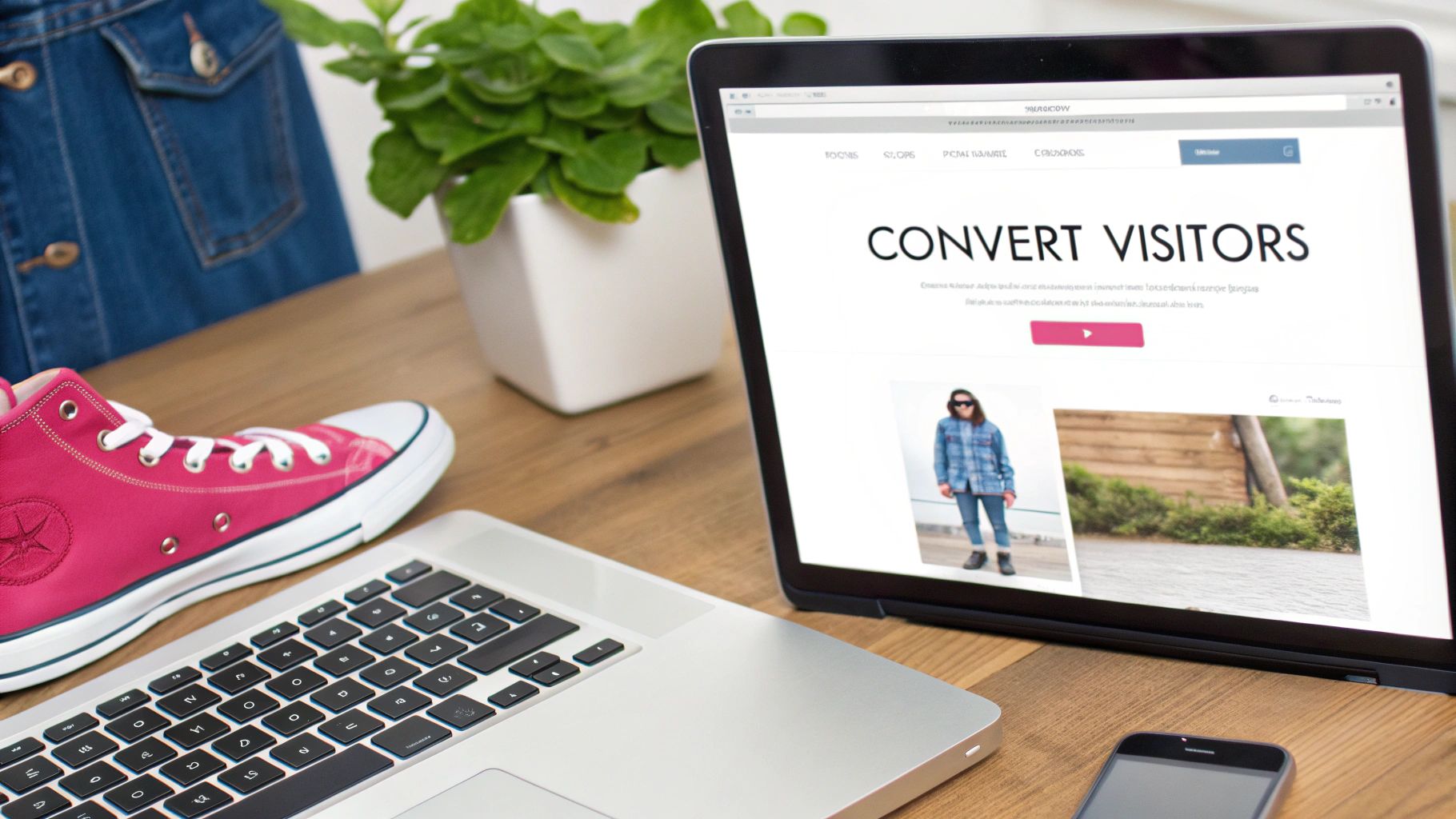 Laptop displaying convert visitors website on wooden desk with plant and pink sneaker
