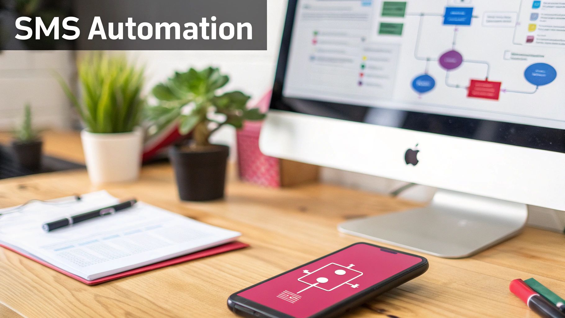 A desk setup with a computer showing a flowchart, a smartphone with an automation icon, and 'SMS Automation' text.