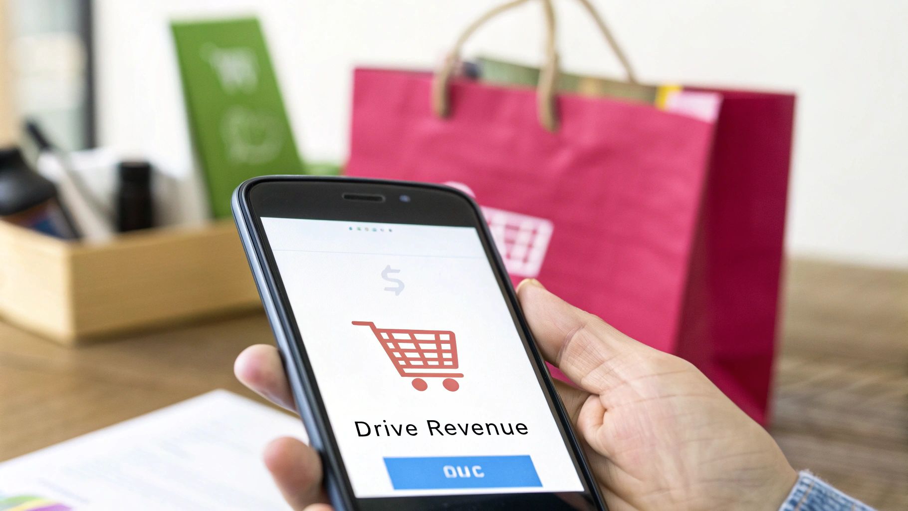 A hand holds a smartphone displaying 'Drive Revenue' with a shopping cart icon, beside shopping bags.