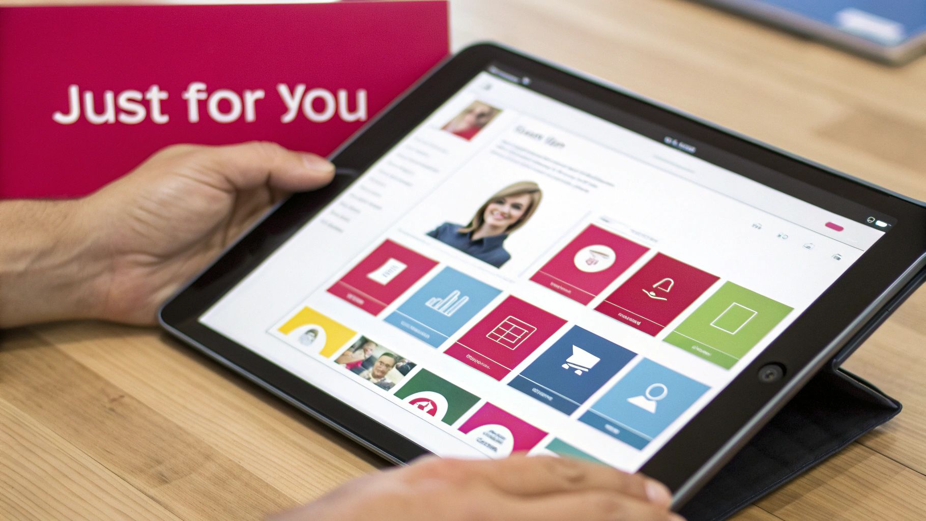 Hands hold a tablet displaying personalized content with a 'Just for You' card in the background.
