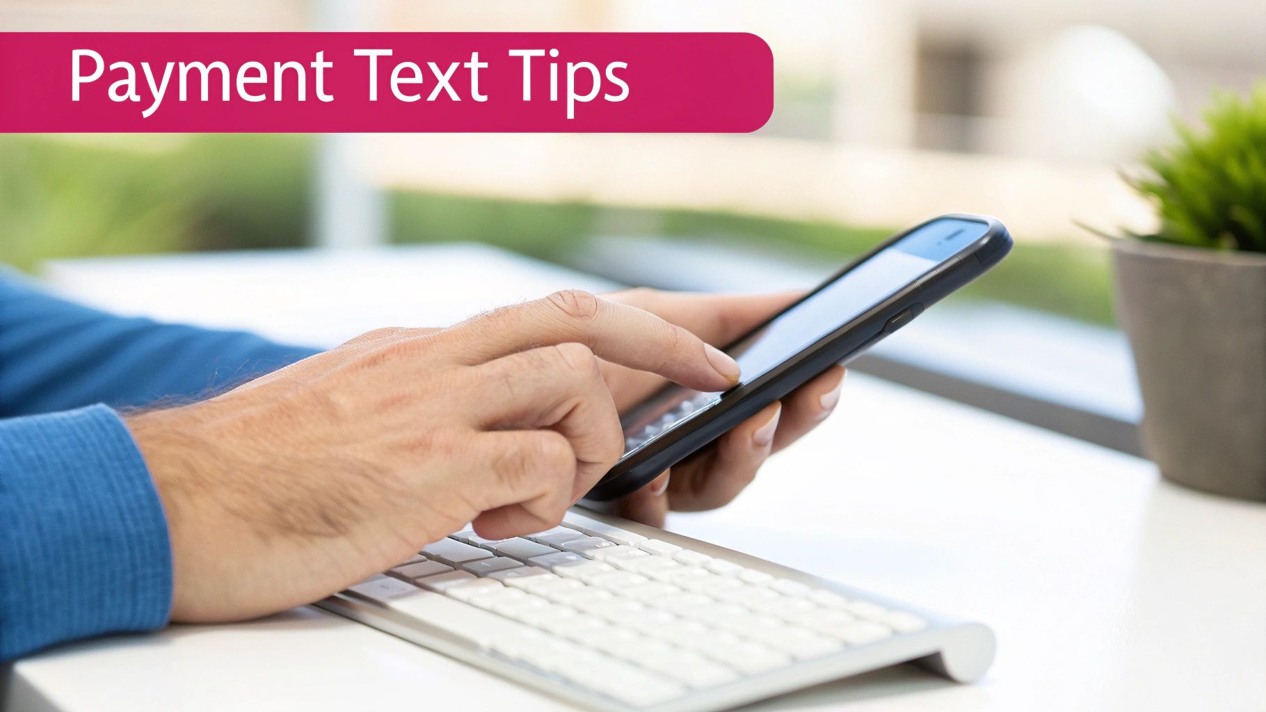 Person's hands using a smartphone and keyboard on a desk, with overlay 'Payment Text Tips'.
