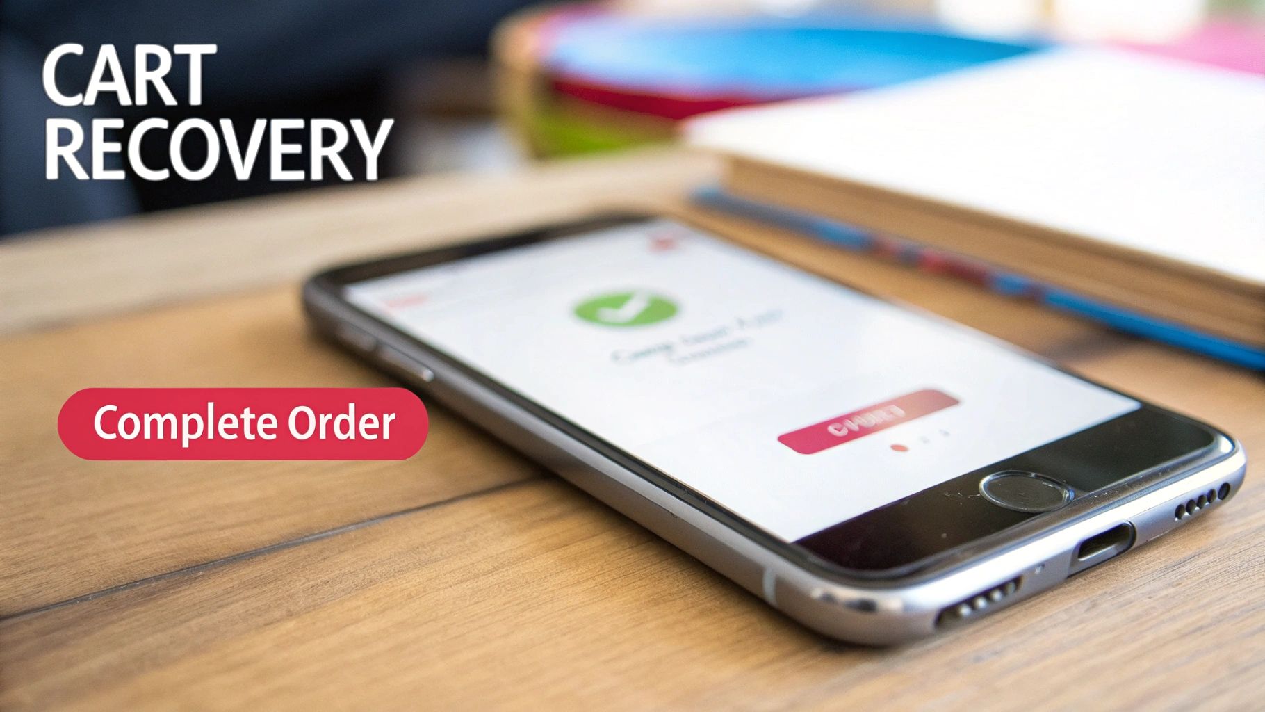 A smartphone on a wooden desk displays a cart recovery app with a 'Complete Order' button, symbolizing successful checkout.
