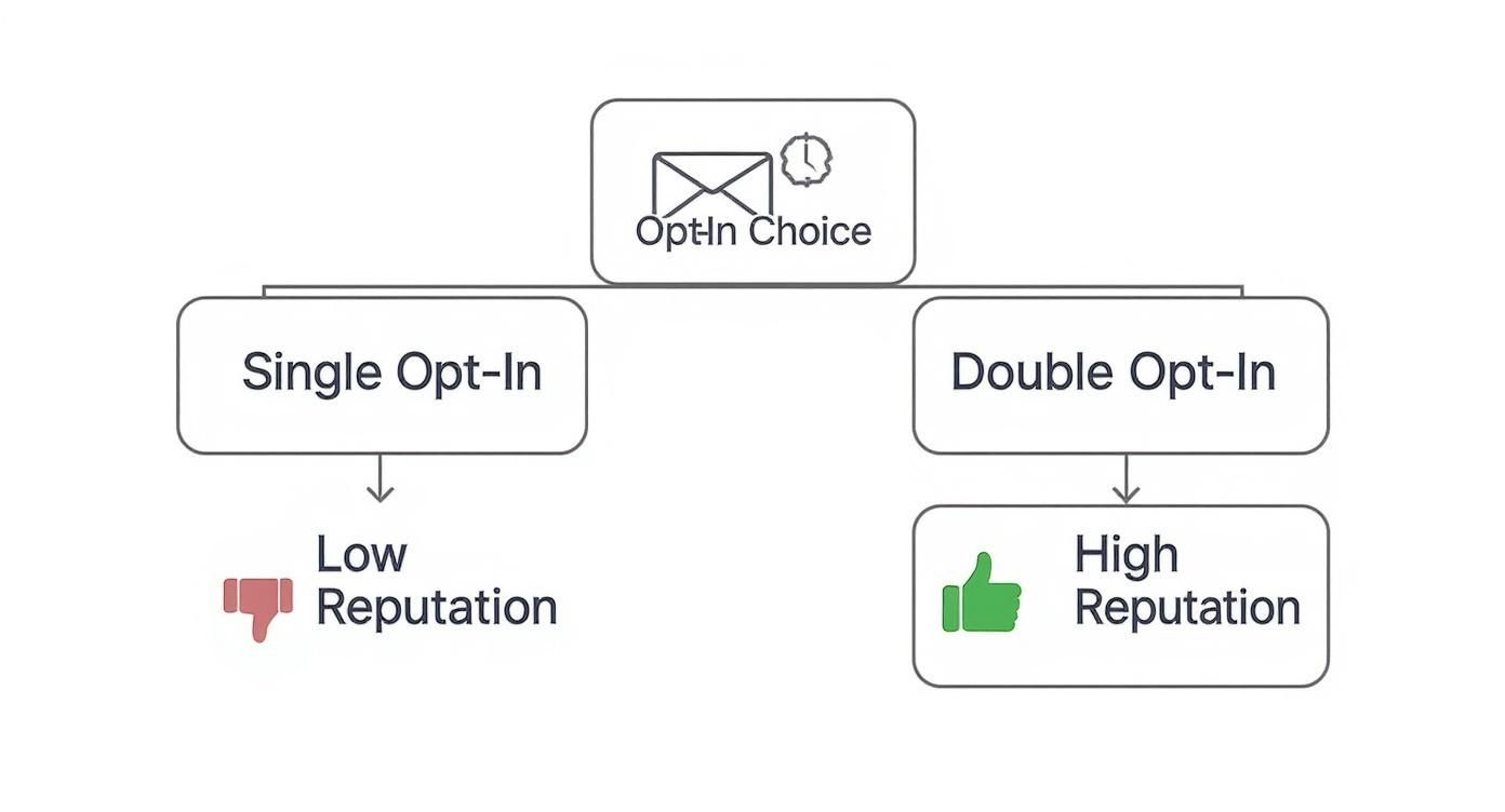 Flowchart comparing single opt-in with low reputation versus double opt-in with high reputation for email marketing