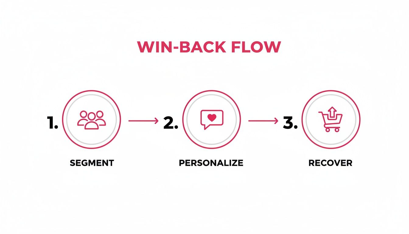 A three-step win-back flow diagram showing segment, personalize, and recover with icons.