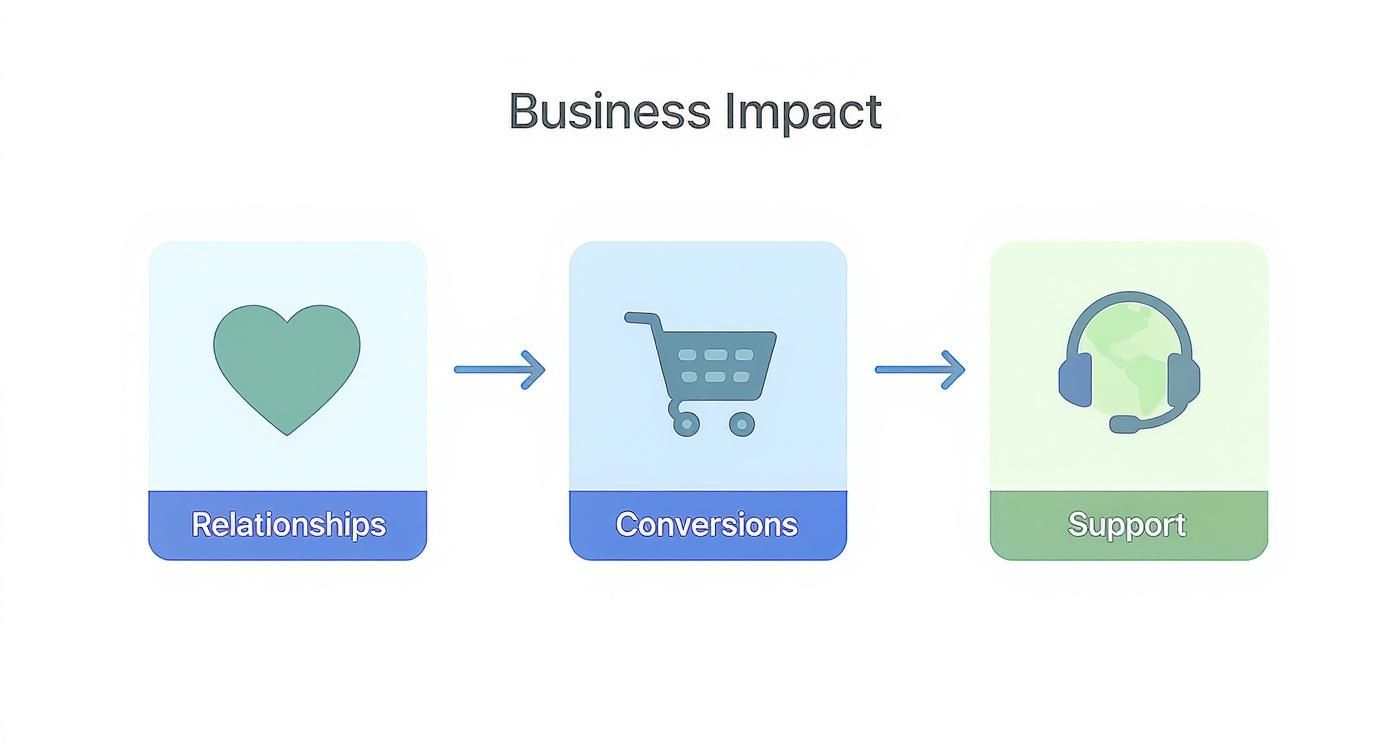 A business impact flowchart illustrating relationships, conversions, and support with corresponding icons.