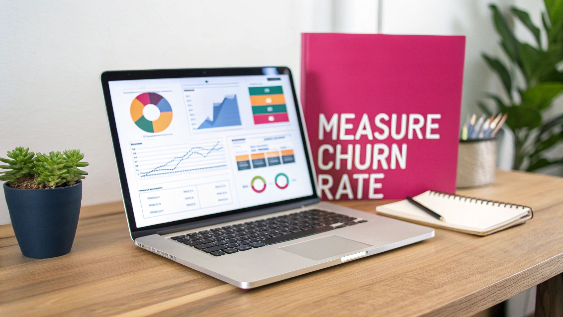 A workspace with a laptop displaying business analytics, a notebook, and a 'Measure Churn Rate' binder.