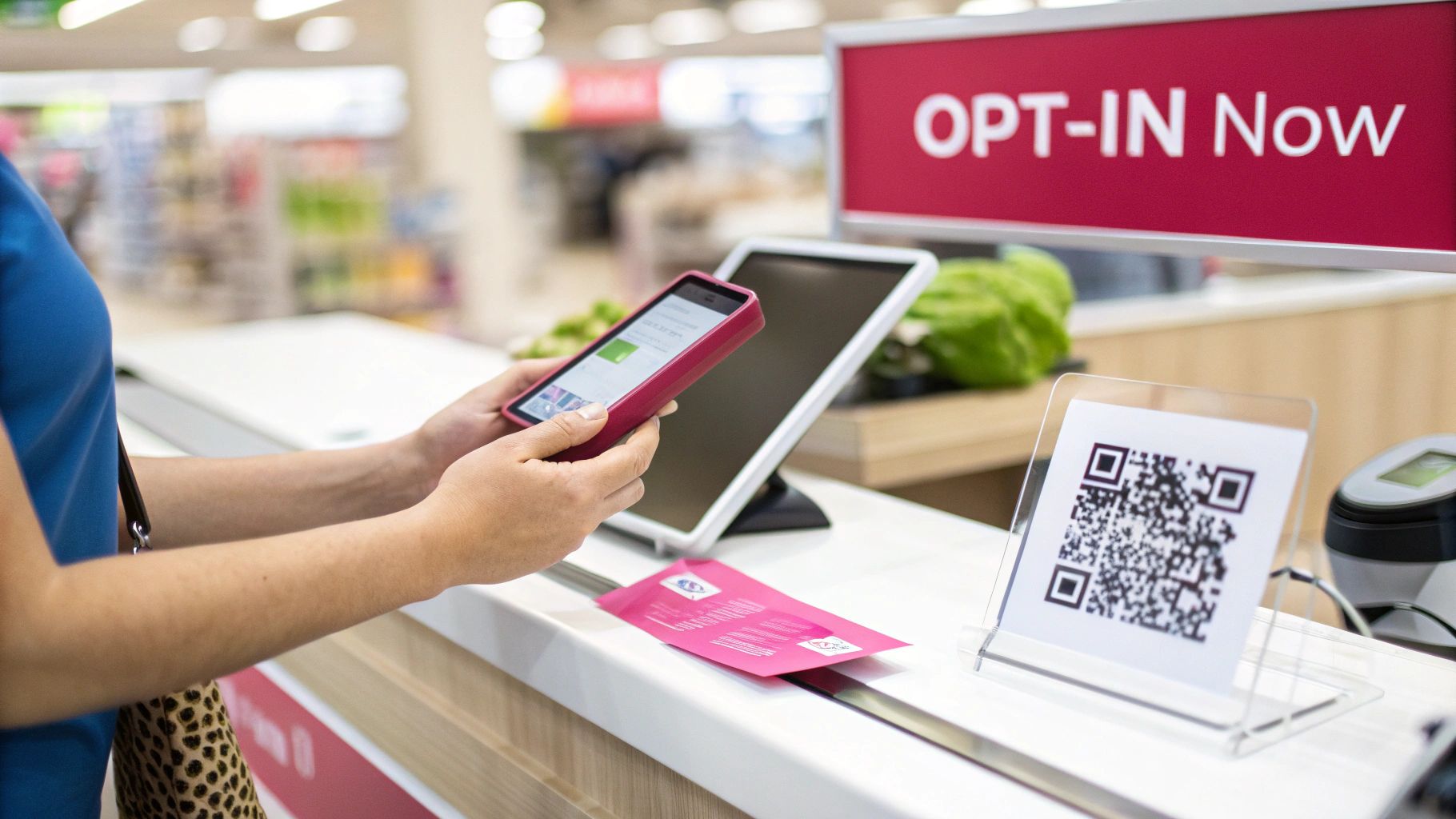 Customer scanning a QR code with a smartphone at a retail counter to opt-in.