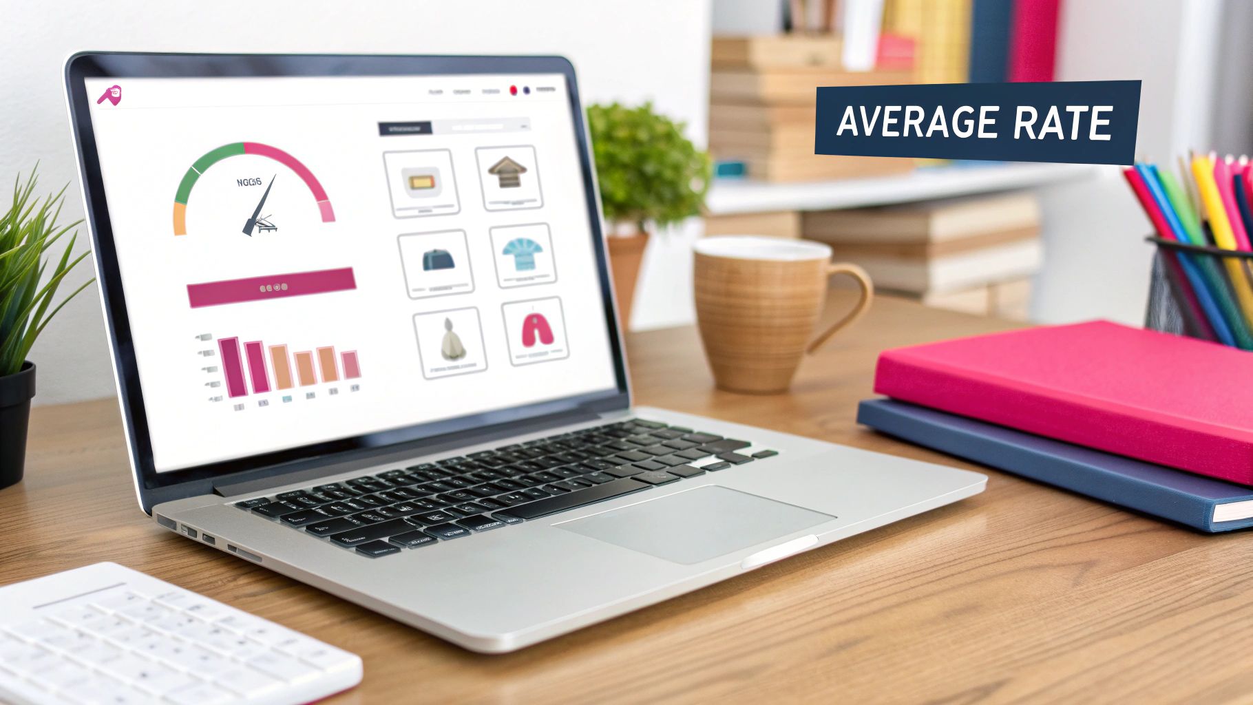 Laptop displaying a business dashboard with sales data, charts, and product icons on a wooden desk.