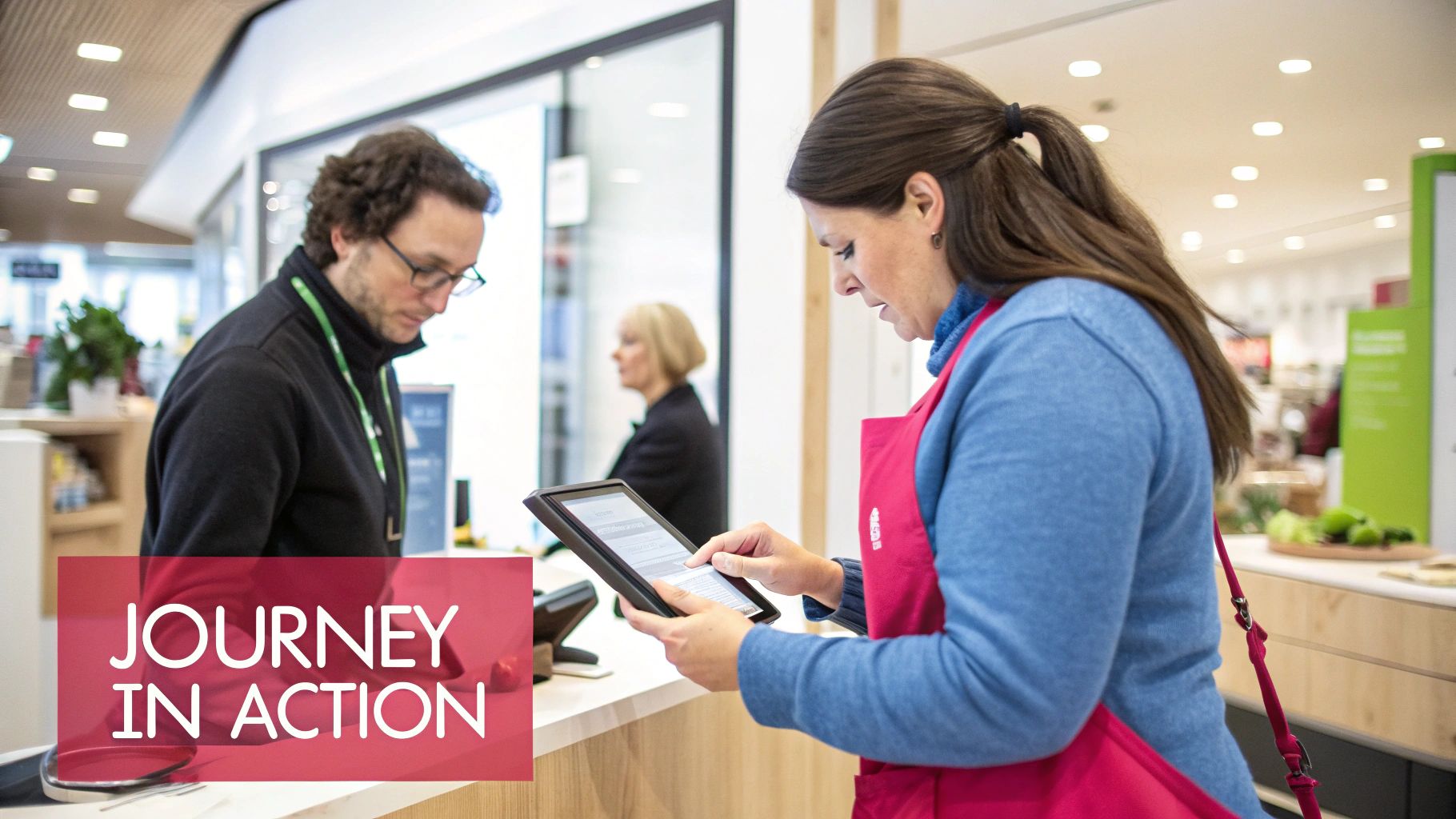 A professional team analyzes customer journey data on a large screen, pointing out key insights.