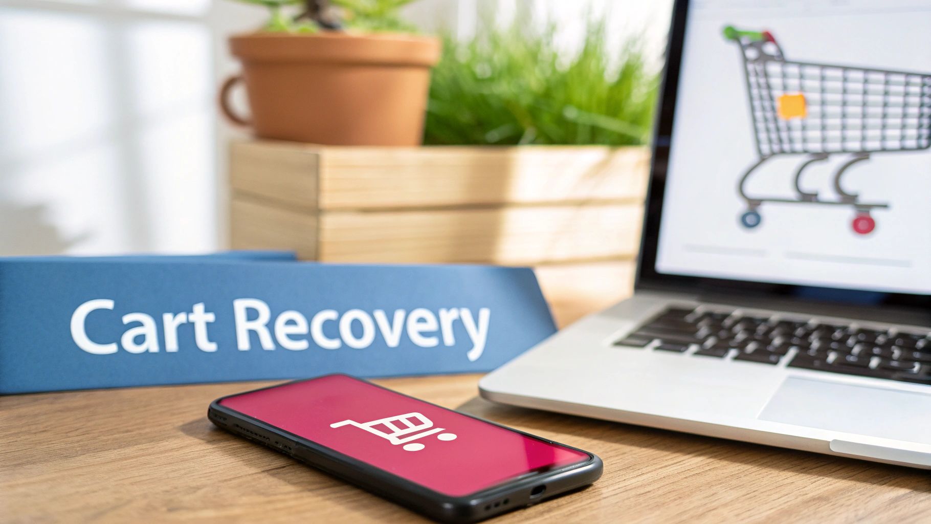 A desk with a laptop showing a shopping cart, a smartphone with a cart icon, and a 'Cart Recovery' sign, illustrating e-commerce solutions.