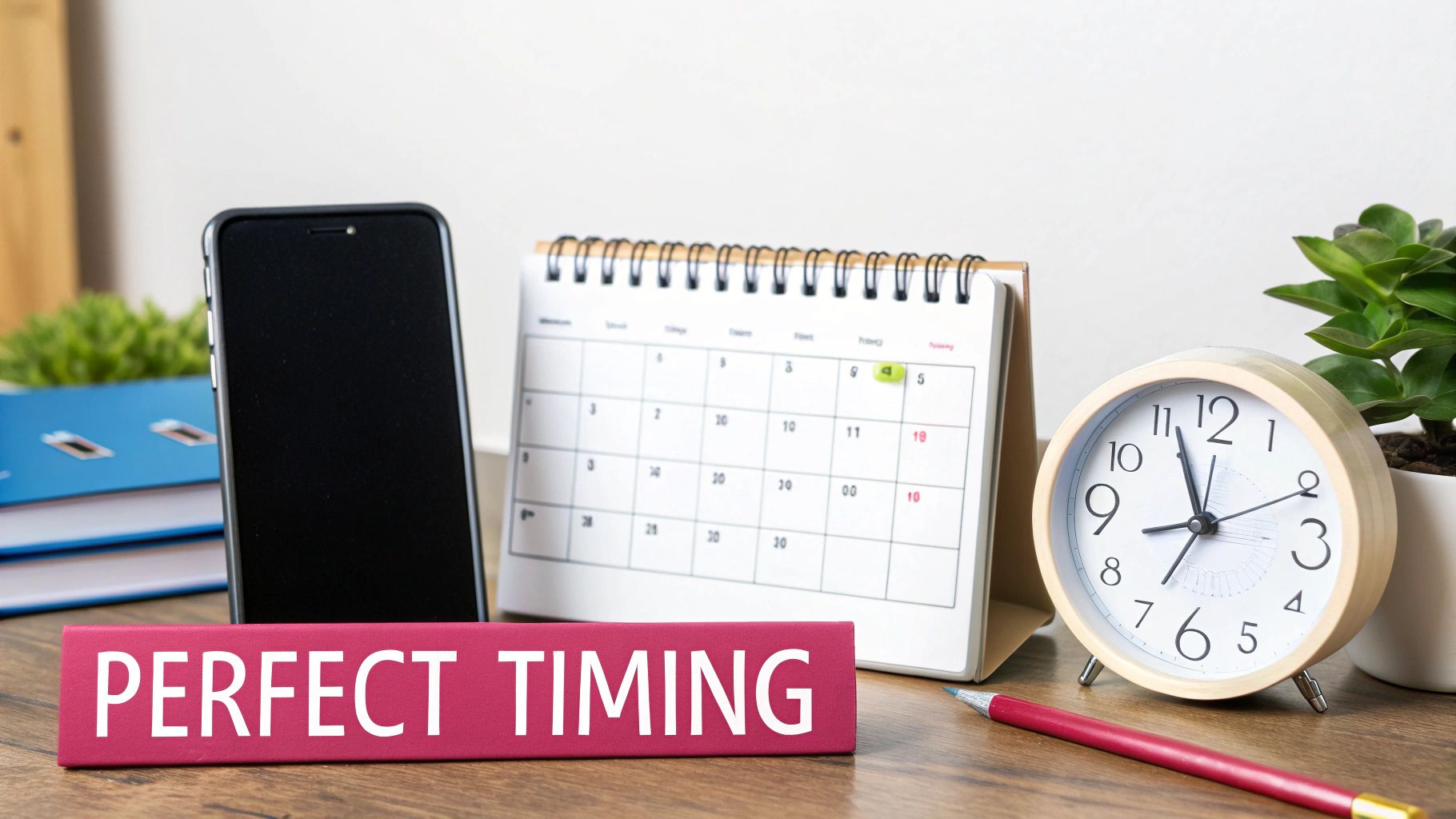 A desk scene featuring a smartphone, a calendar, an alarm clock, and a 'PERFECT TIMING' sign.