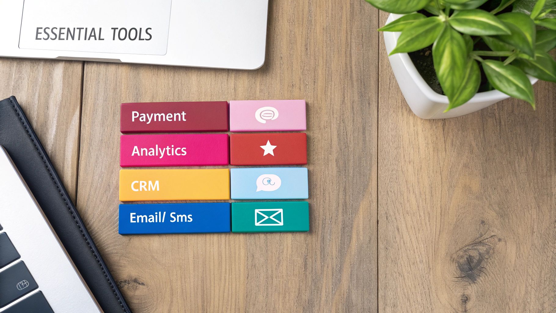 Flat lay of essential business software tools like payment, analytics, CRM, and email/SMS.