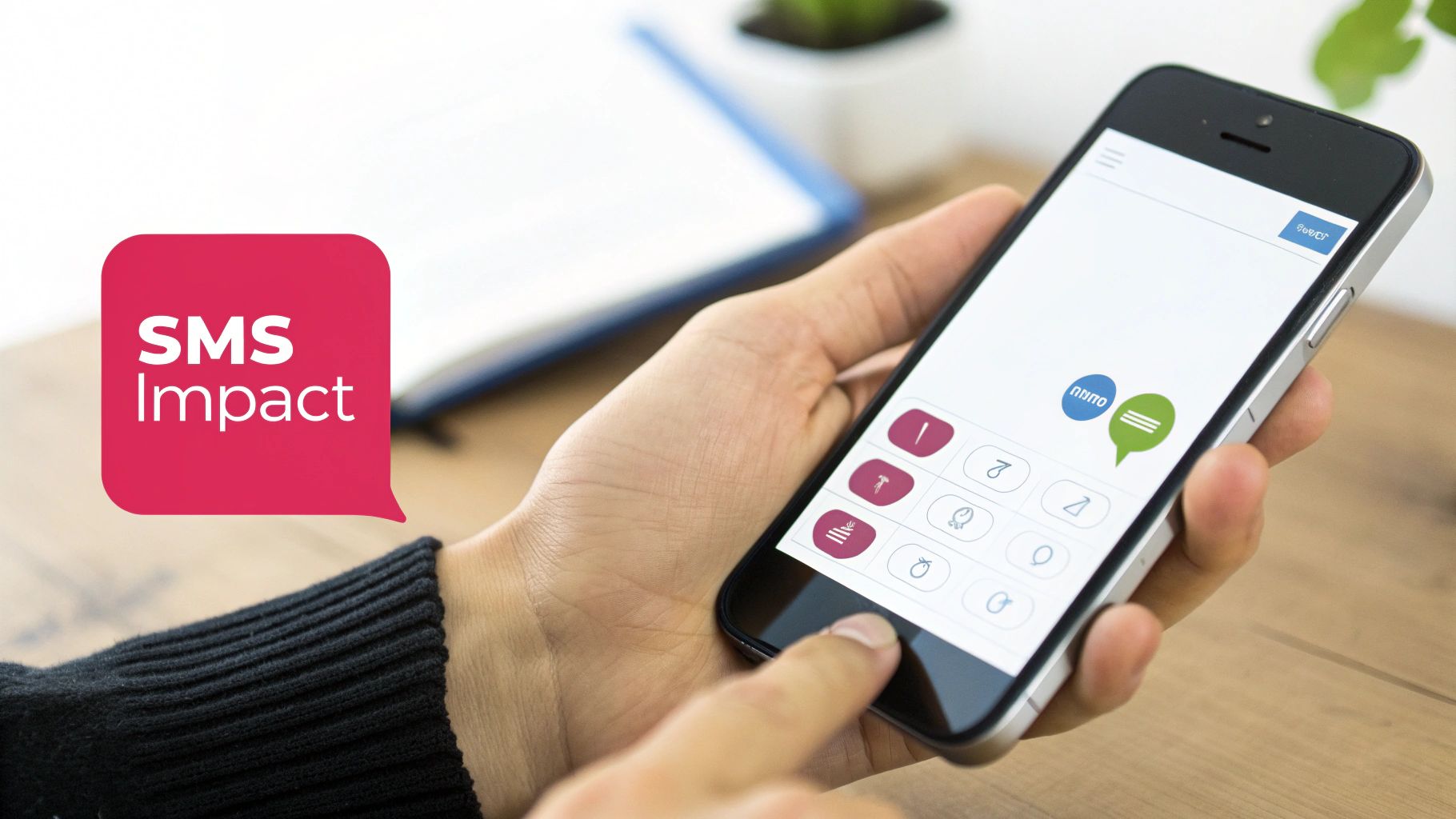 Hand holding a smartphone displaying a messaging app with "SMS Impact" logo, on a wooden desk.