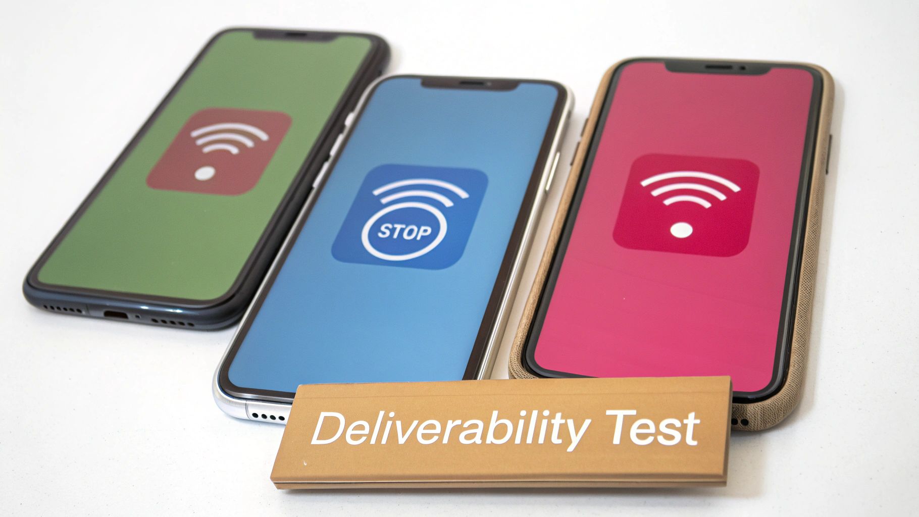 Three smartphones display Wi-Fi icons and a 'STOP' message, alongside a 'Deliverability Test' sign.