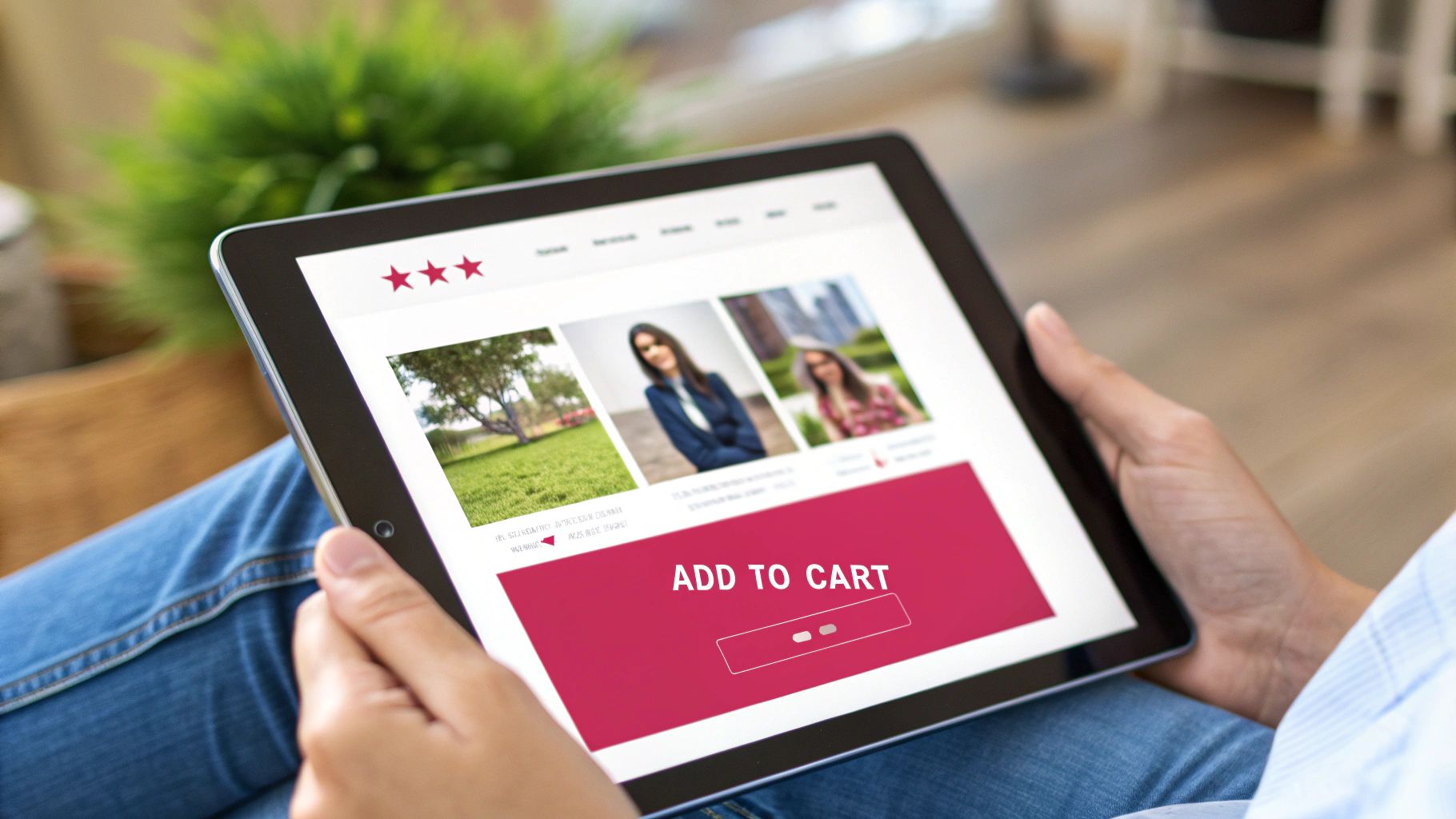 Close-up of a person holding a tablet, viewing an online shopping page with an 'ADD TO CART' button.