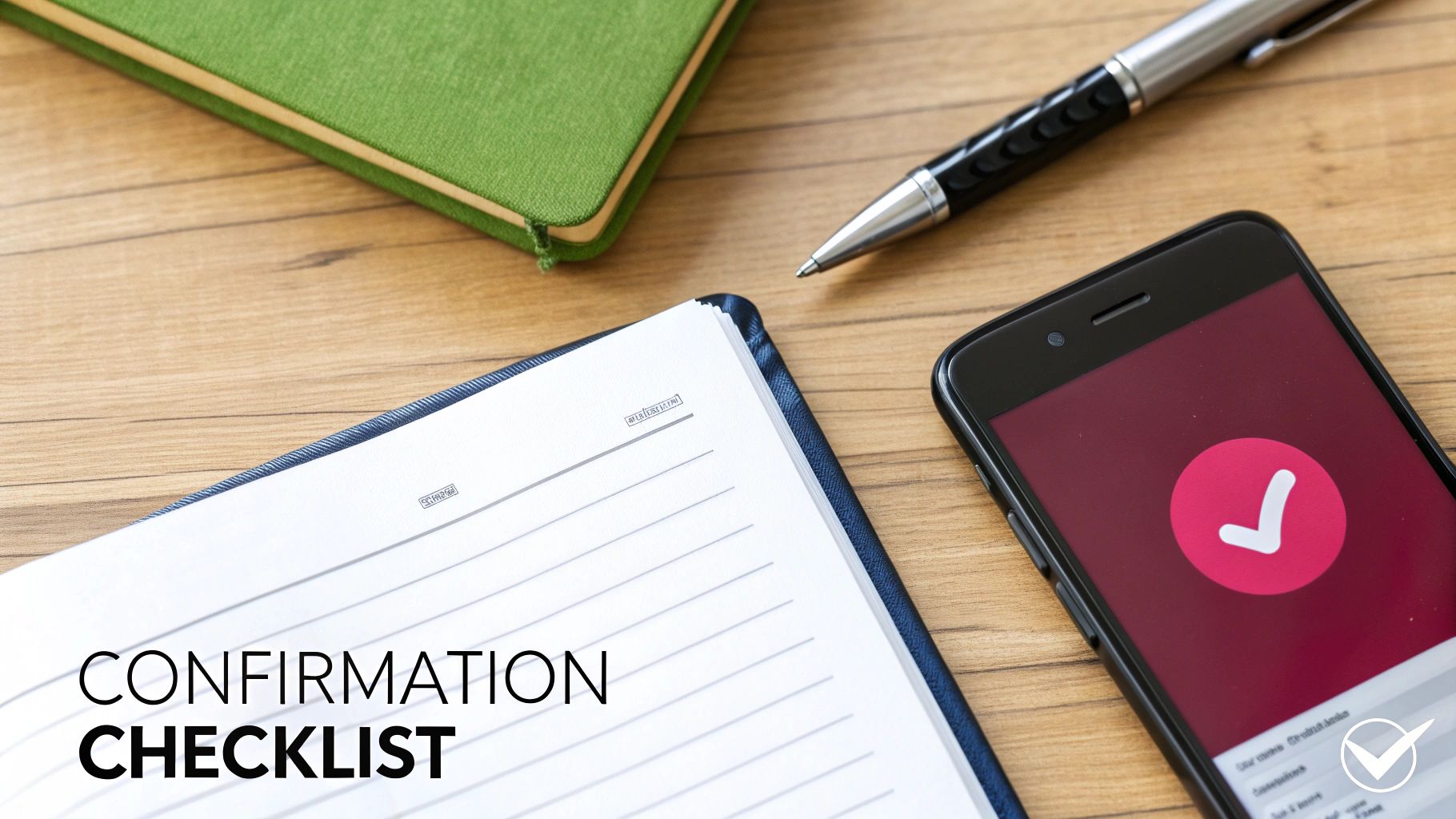 Confirmation checklist notepad with smartphone displaying checkmark icon and pen on wooden desk
