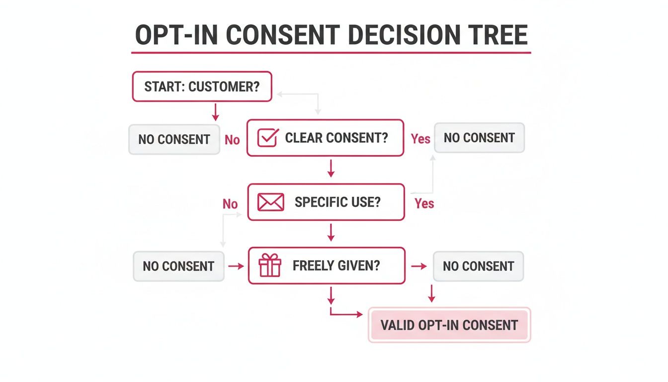 Flowchart illustrating an opt-in consent decision tree, guiding through steps for valid customer consent.