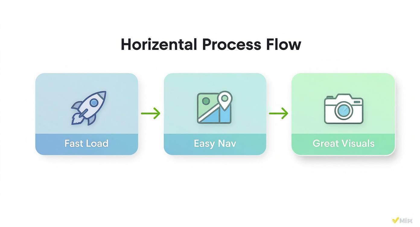 Horizontal process flow diagram showing three steps: fast load, easy navigation, and great visuals with icons