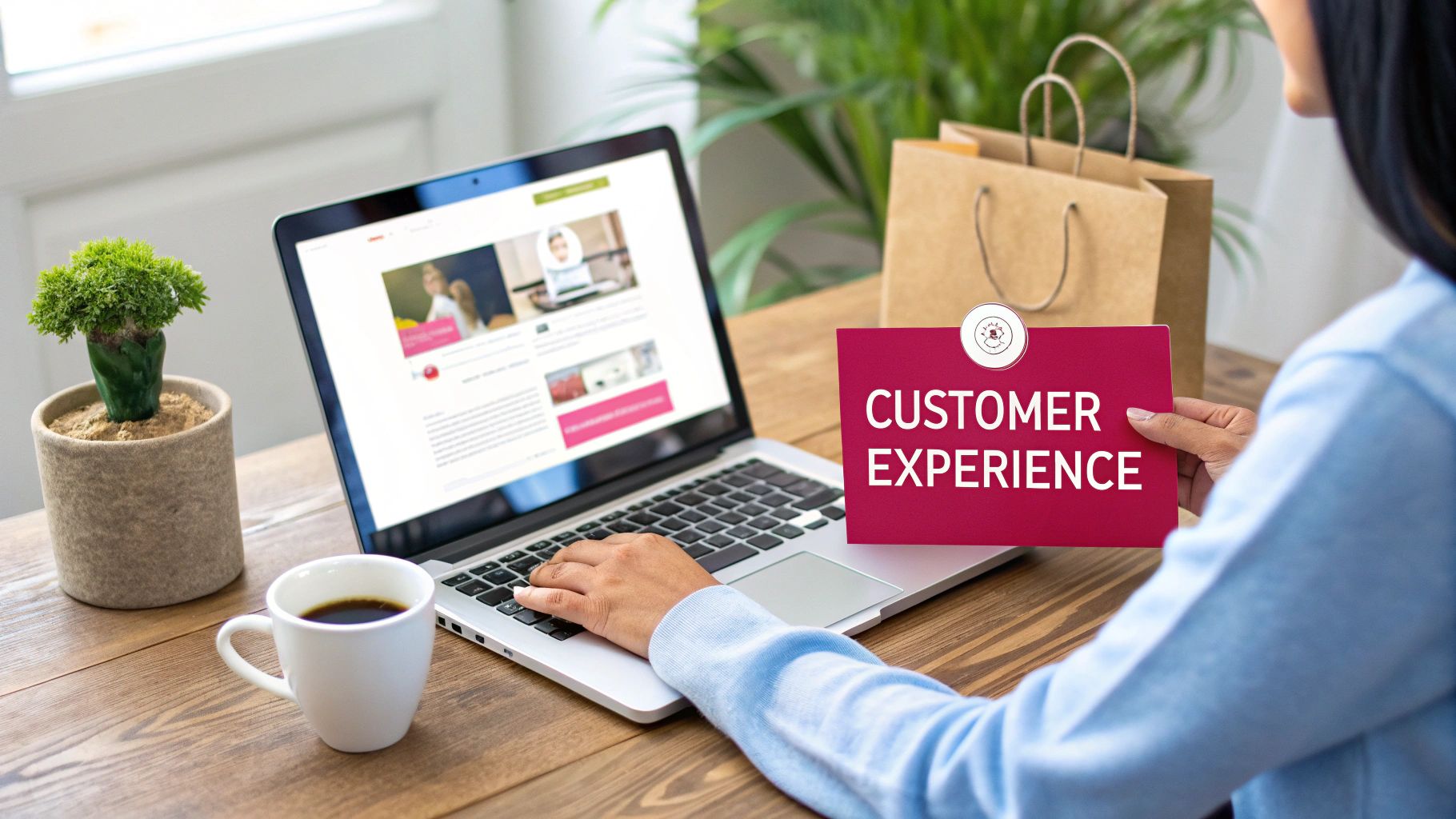A person types on a laptop, holding a red card that says 'Customer Experience'.