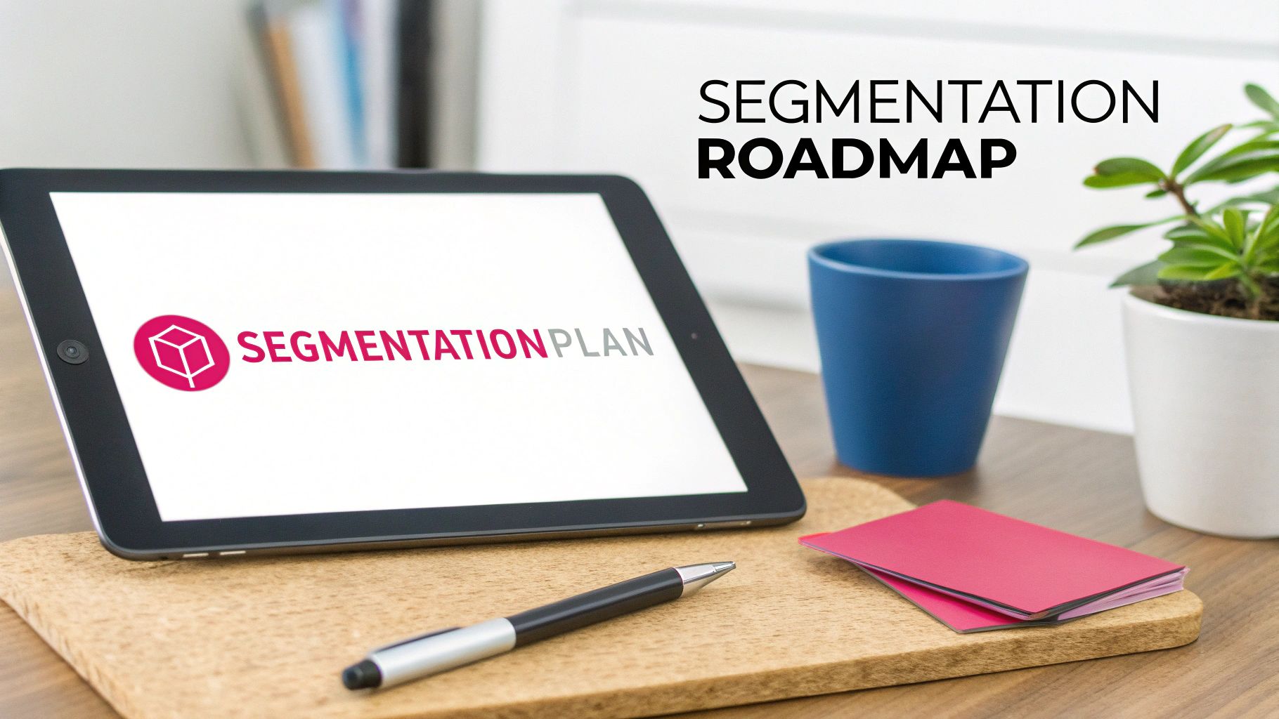 A tablet displays 'SEGMENTATION PLAN' next to 'SEGMENTATION ROADMAP' text, with a pen and coffee cup.