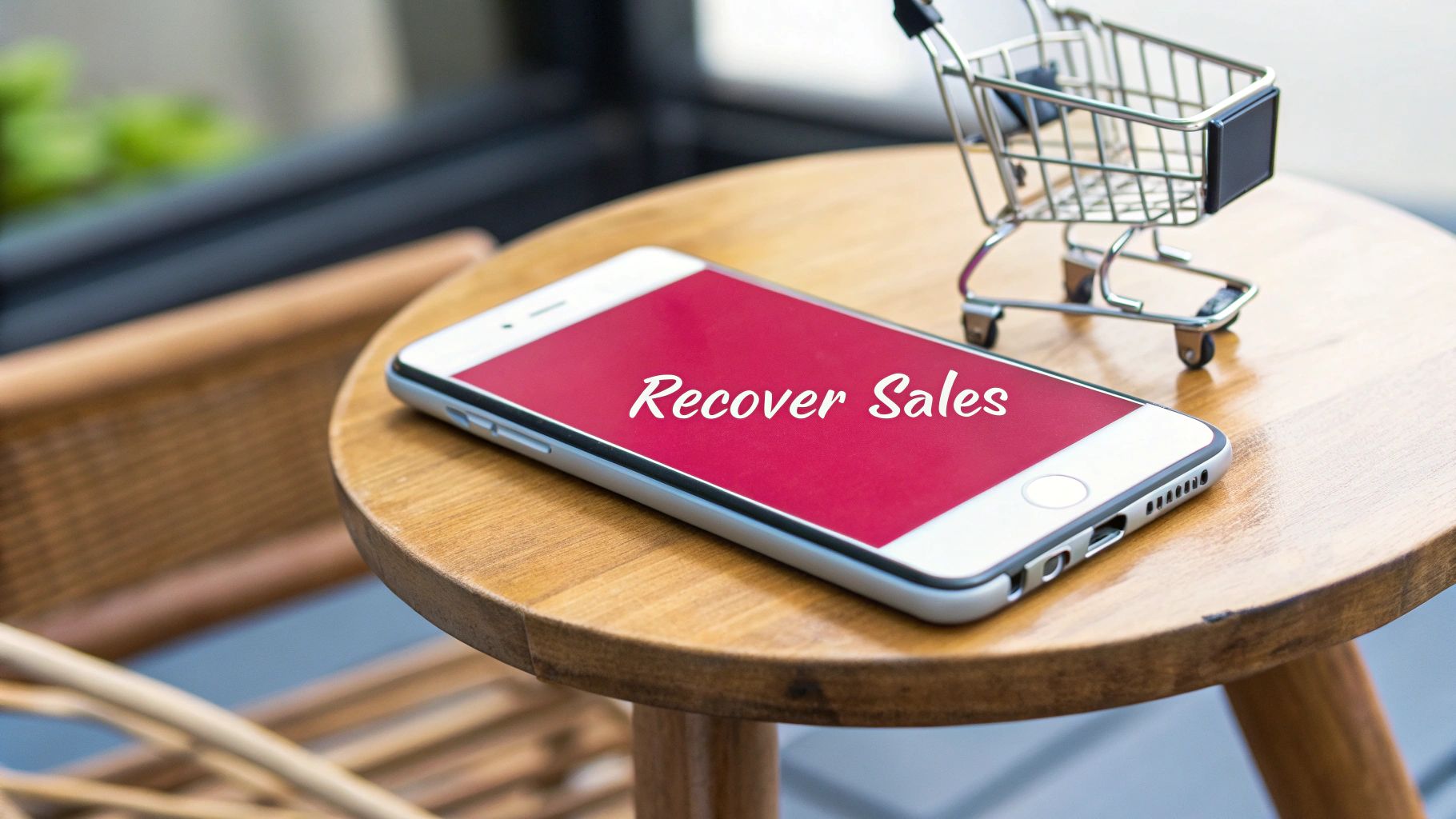 A smartphone displaying 'Recover Sales' text, next to a miniature shopping cart on a wooden table.