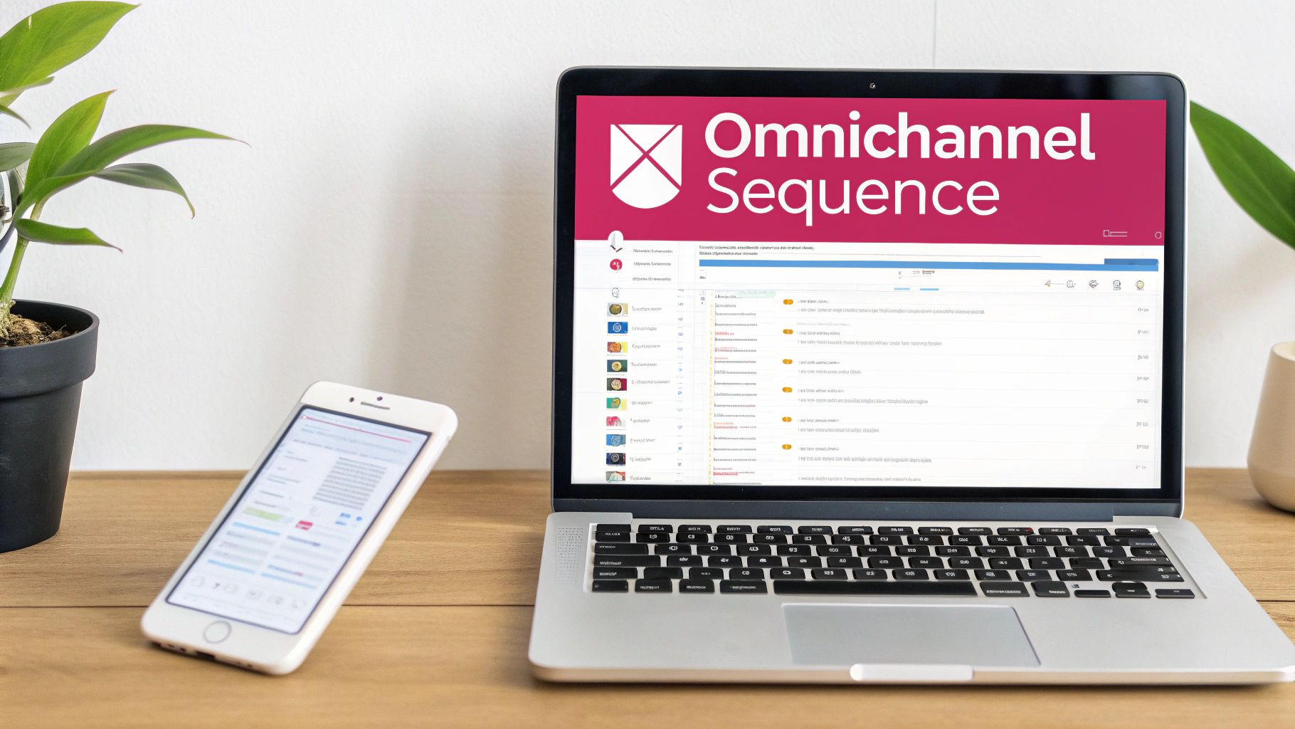 A laptop displaying "Omnichannel Sequence" software next to a smartphone on a wooden desk with a plant.