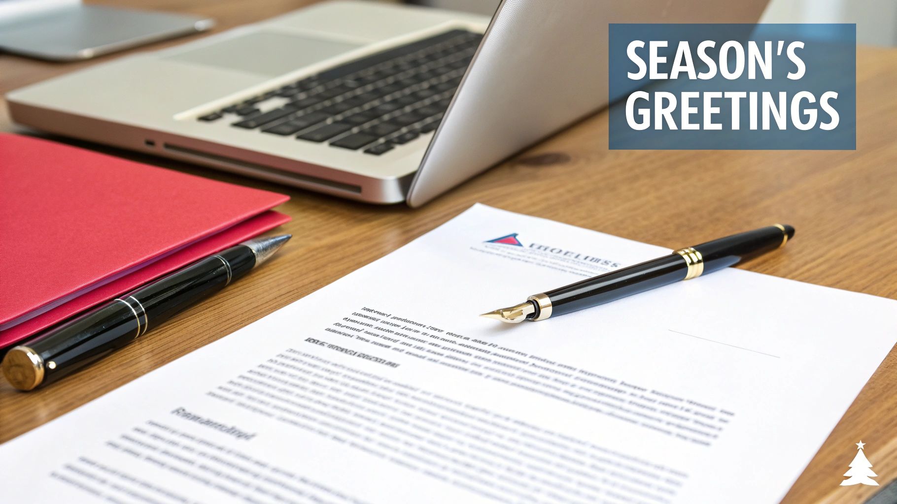 Laptop, documents, and pen on a wooden desk with a 'Season's Greetings' banner and Christmas tree icon.