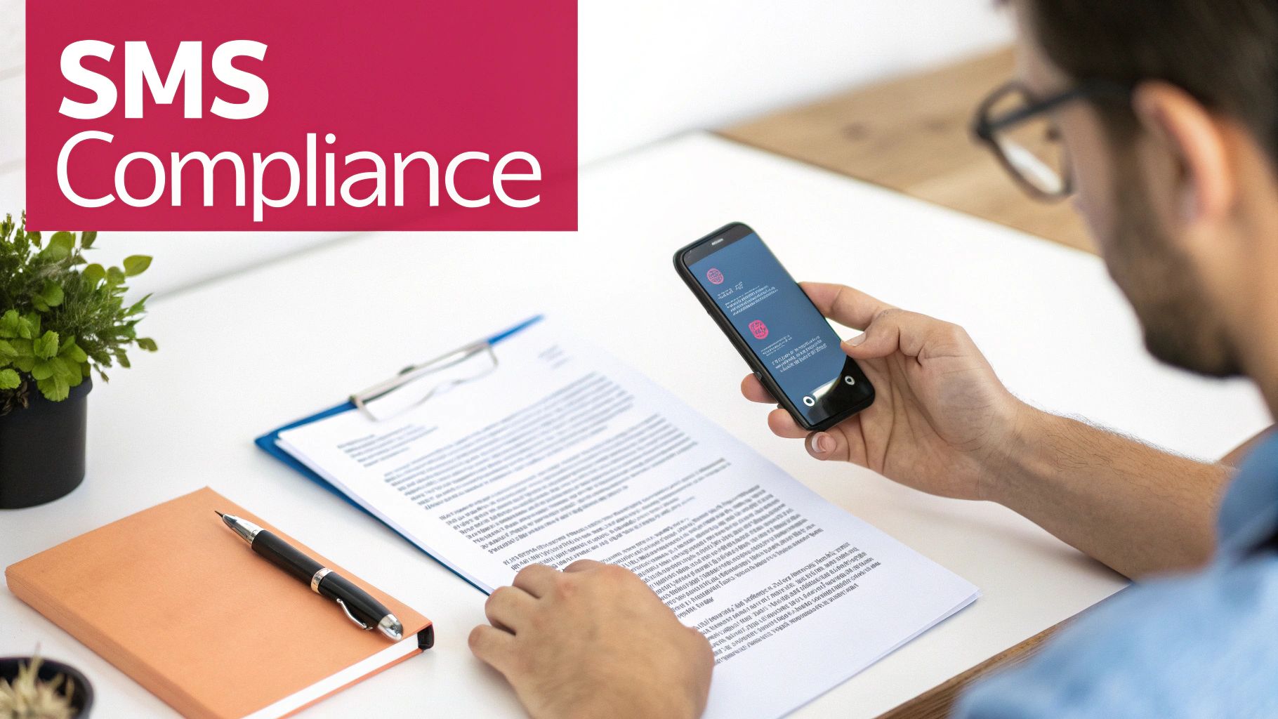 A man's hands hold a smartphone displaying an interface while reviewing 'SMS Compliance' documents on a desk.