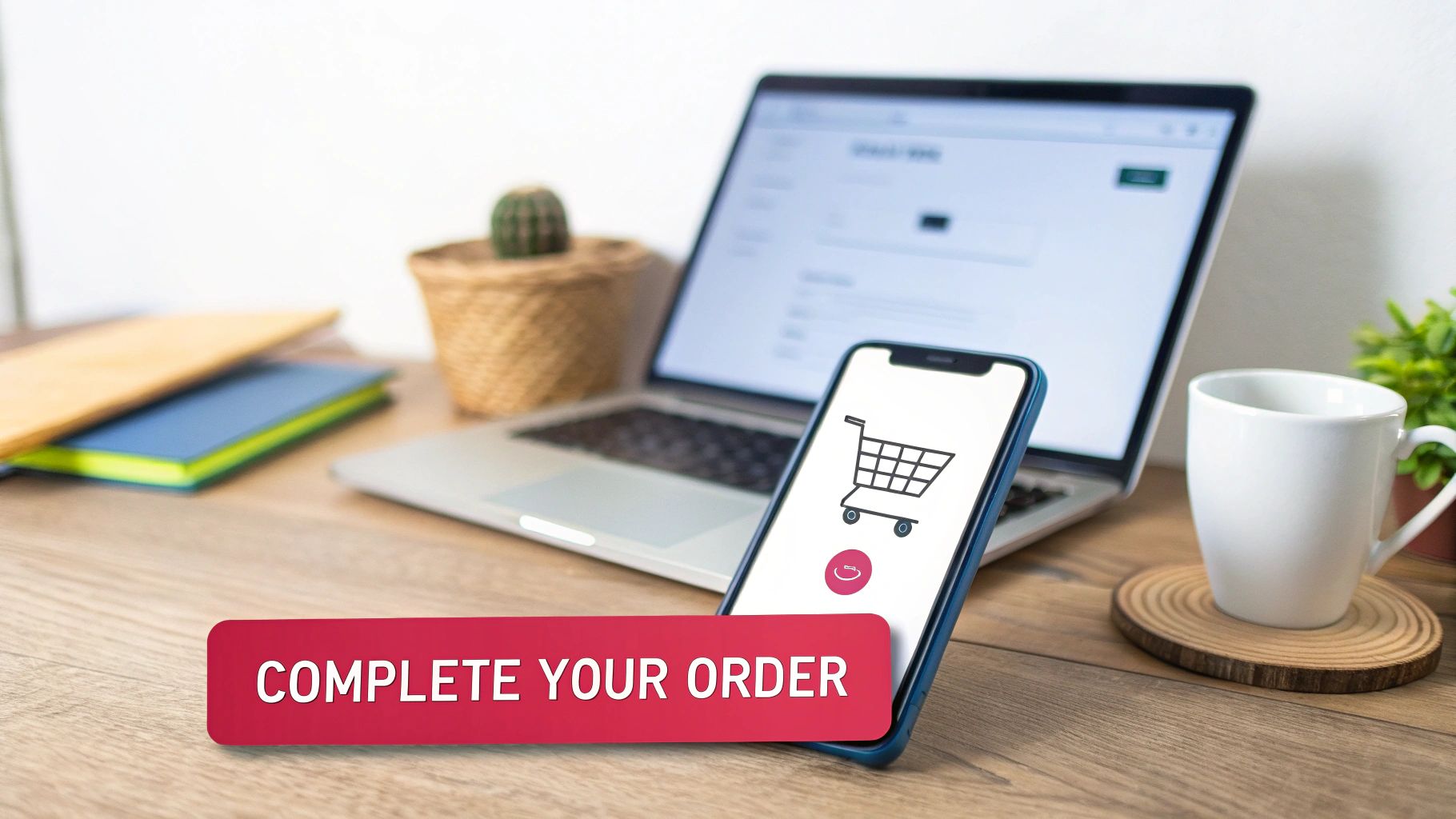 A smartphone with a shopping cart icon and a laptop on a desk, with a 'COMPLETE YOUR ORDER' banner.