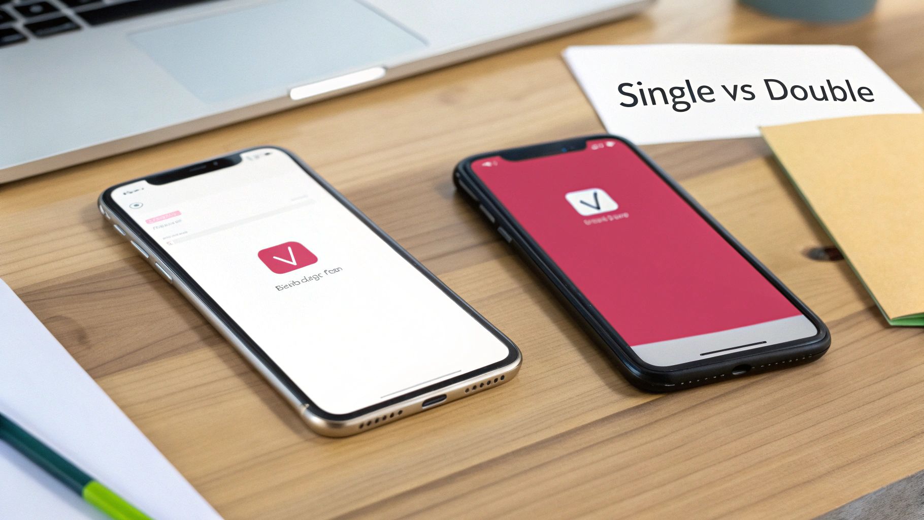 Two smartphones displaying single versus double opt-in email subscription process comparison on wooden desk