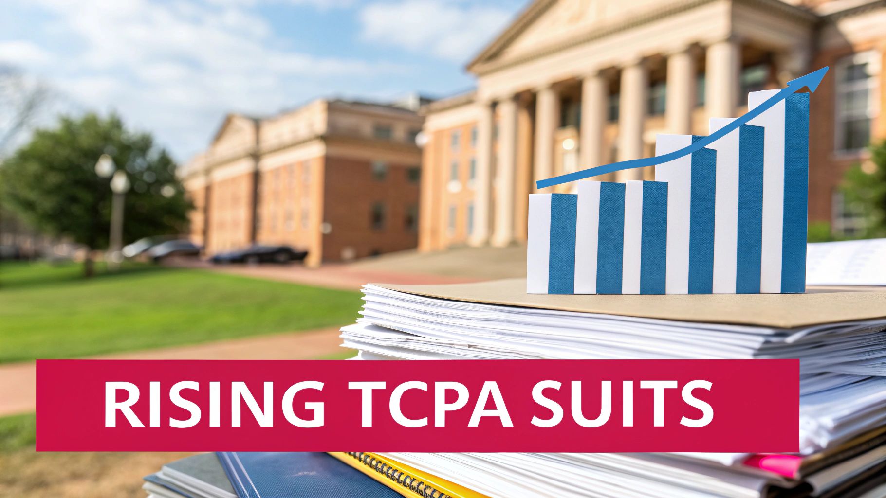 A stack of legal documents with an upward-trending bar graph, illustrating the rise in TCPA lawsuits.